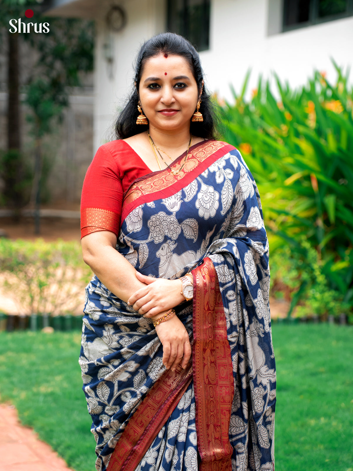 Blue & Red - Semi Modal Saree