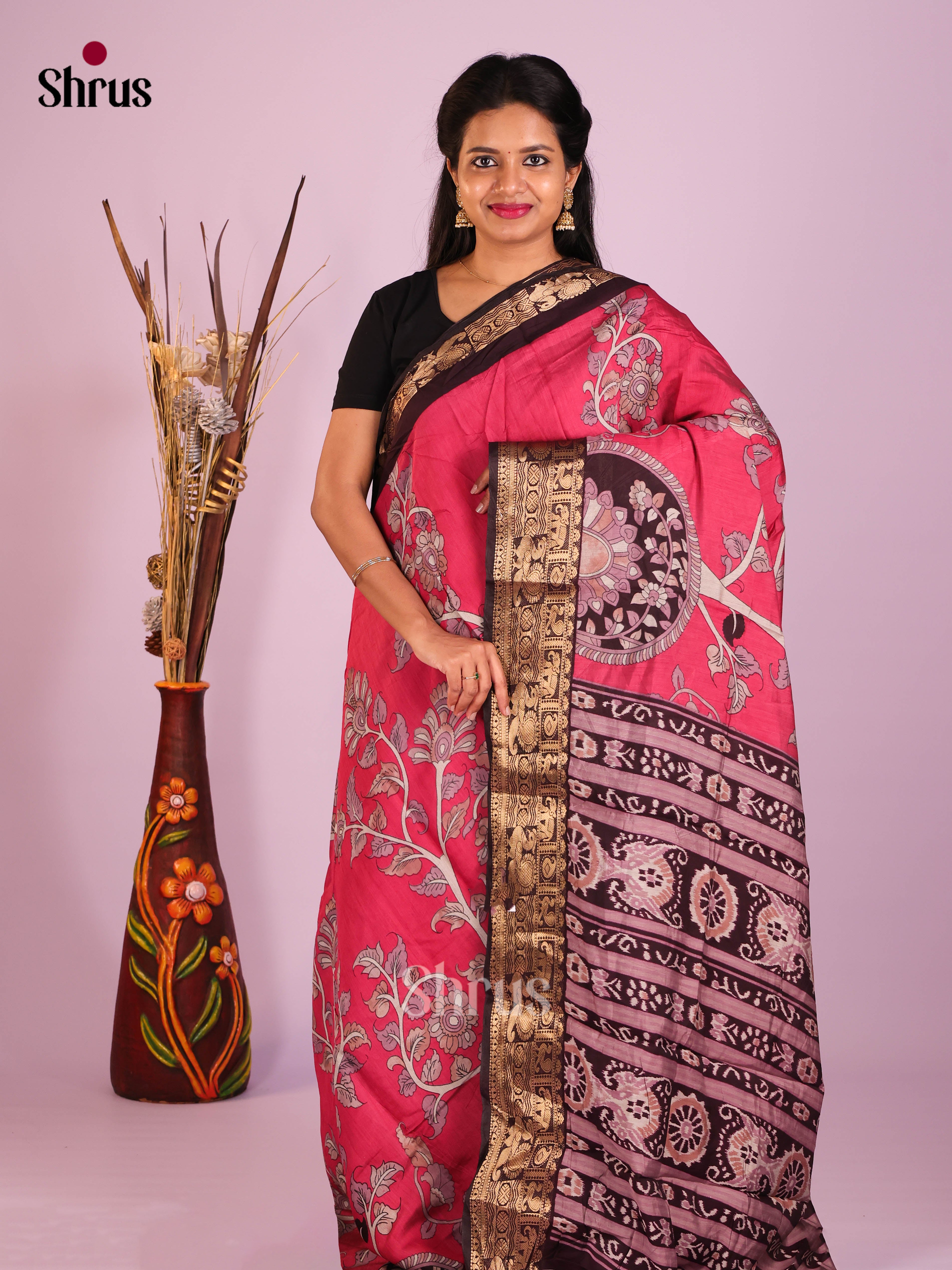 Pink & Black - Semi Modal Saree