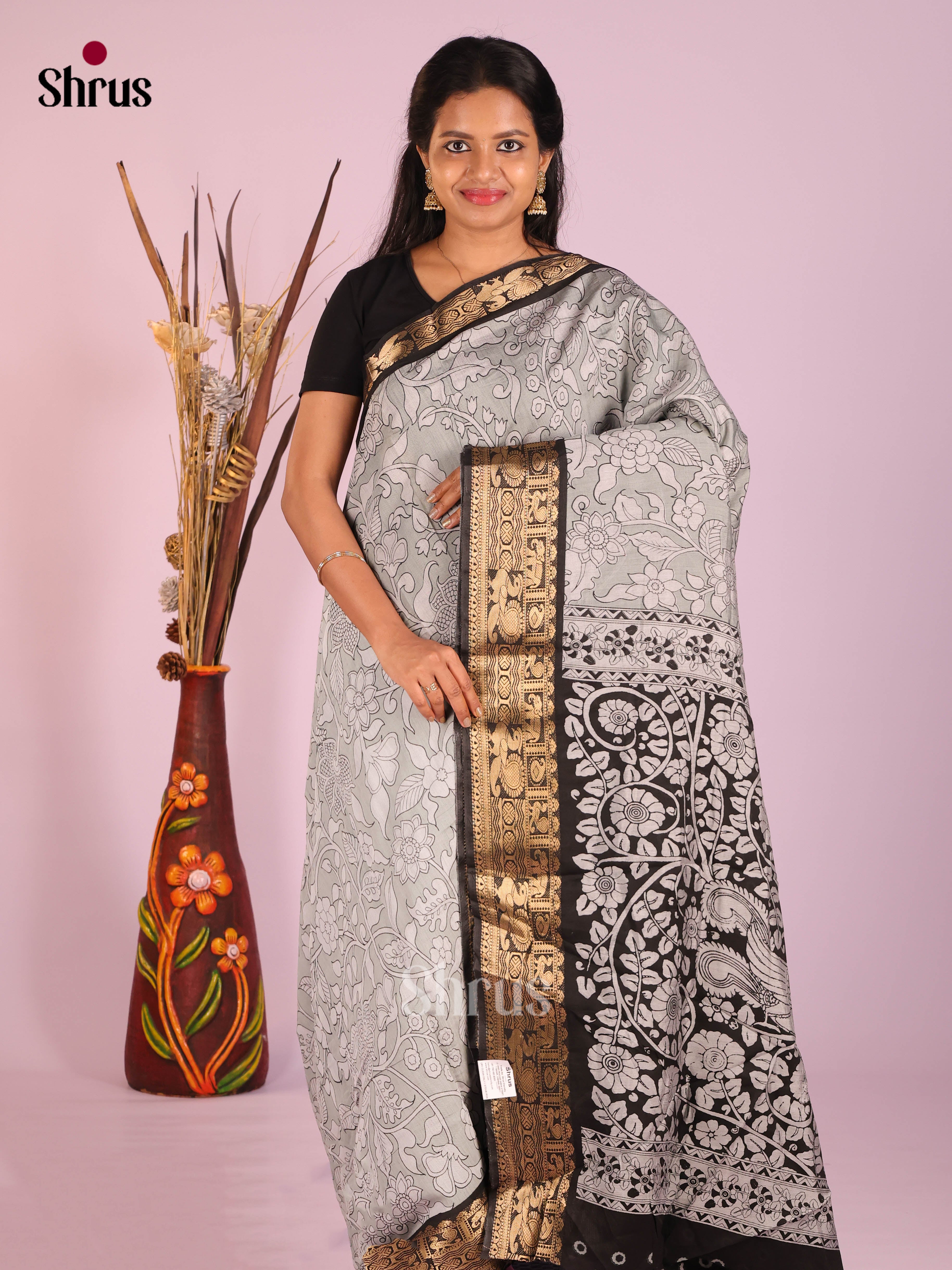 Grey& Black - Semi Modal Saree