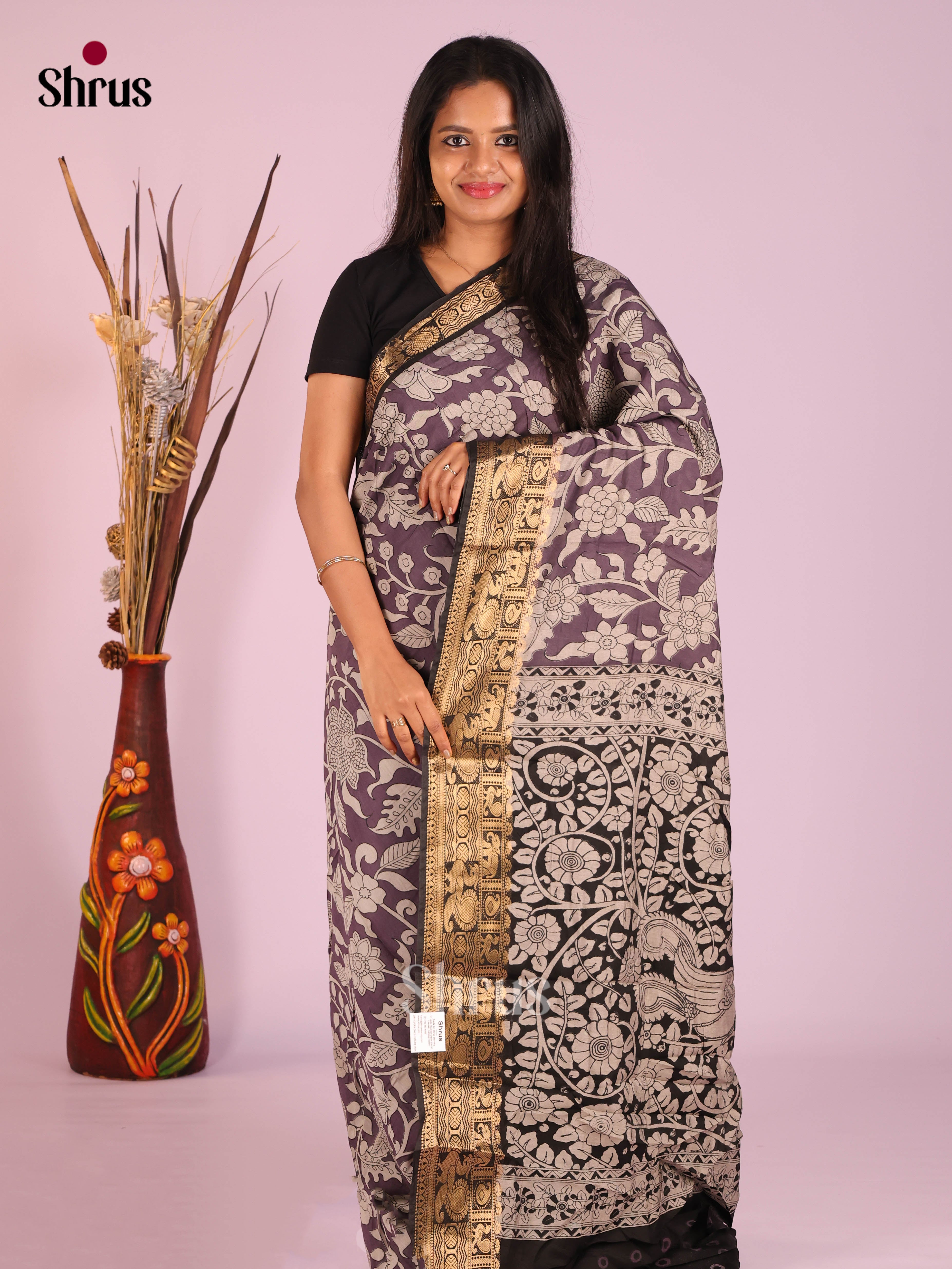 Dark Lavender & Black - Semi Modal Saree