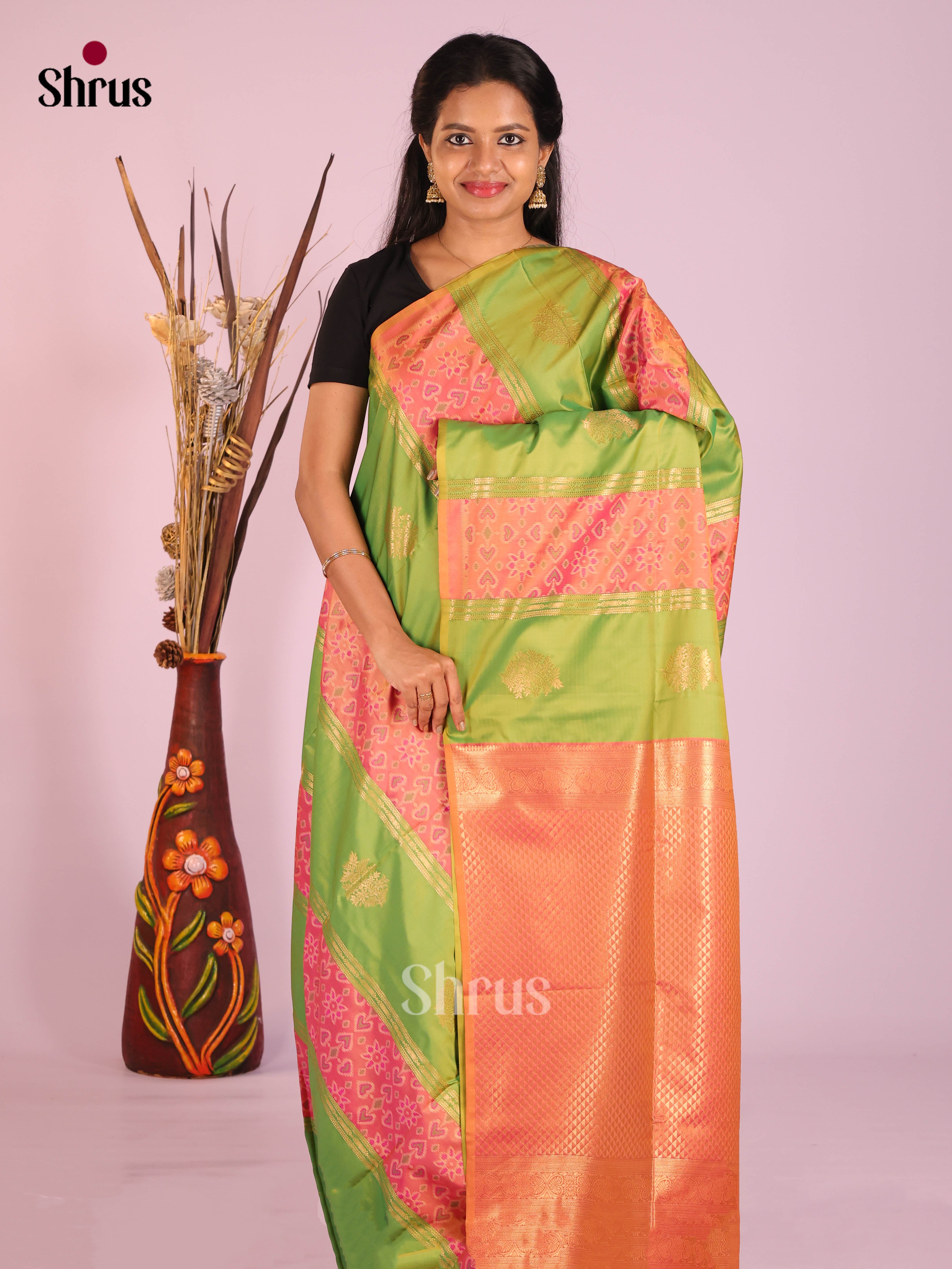 Green & Orange - Semi Softsilk Saree