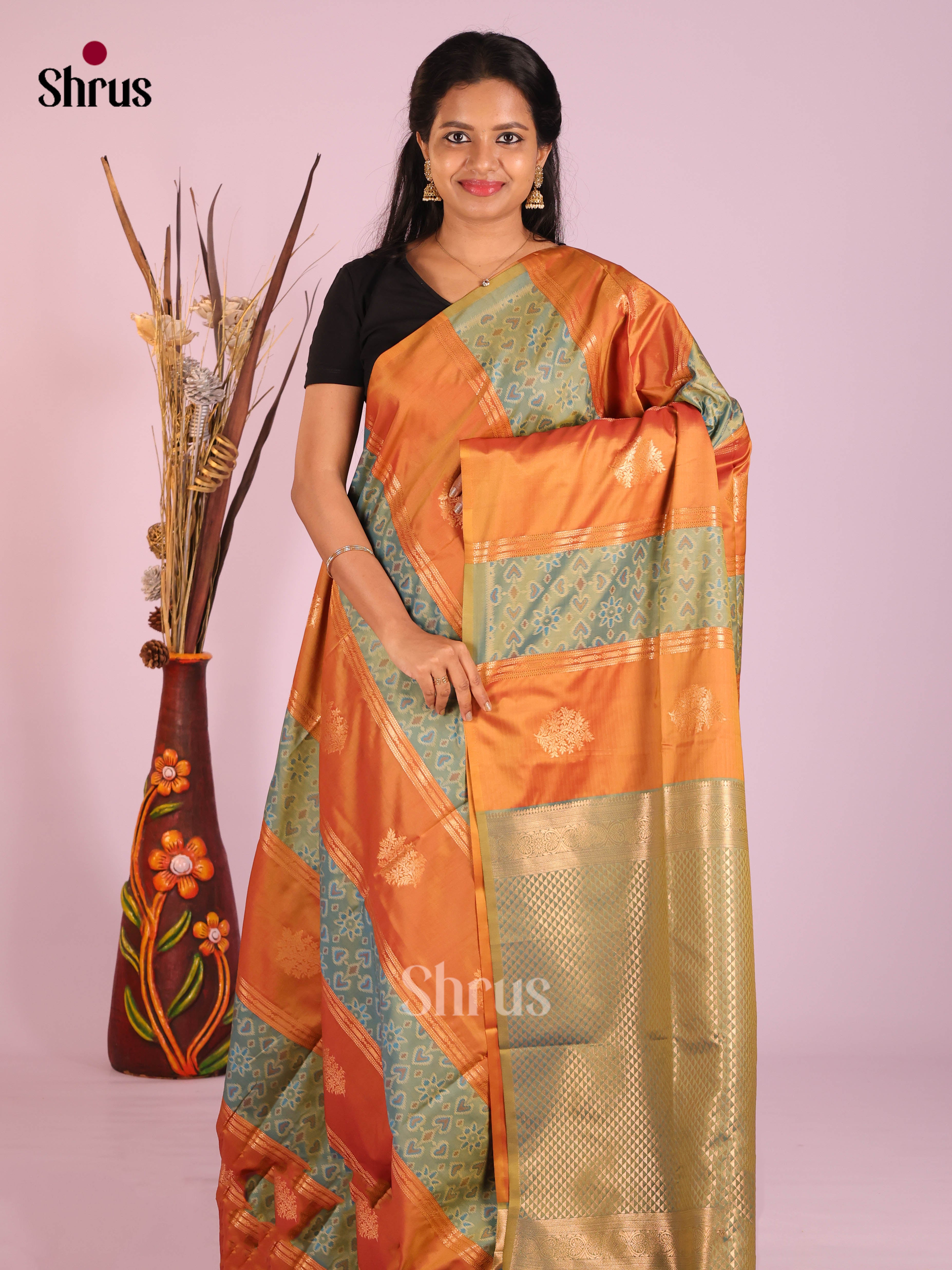 Orange & Green - Semi Softsilk Saree
