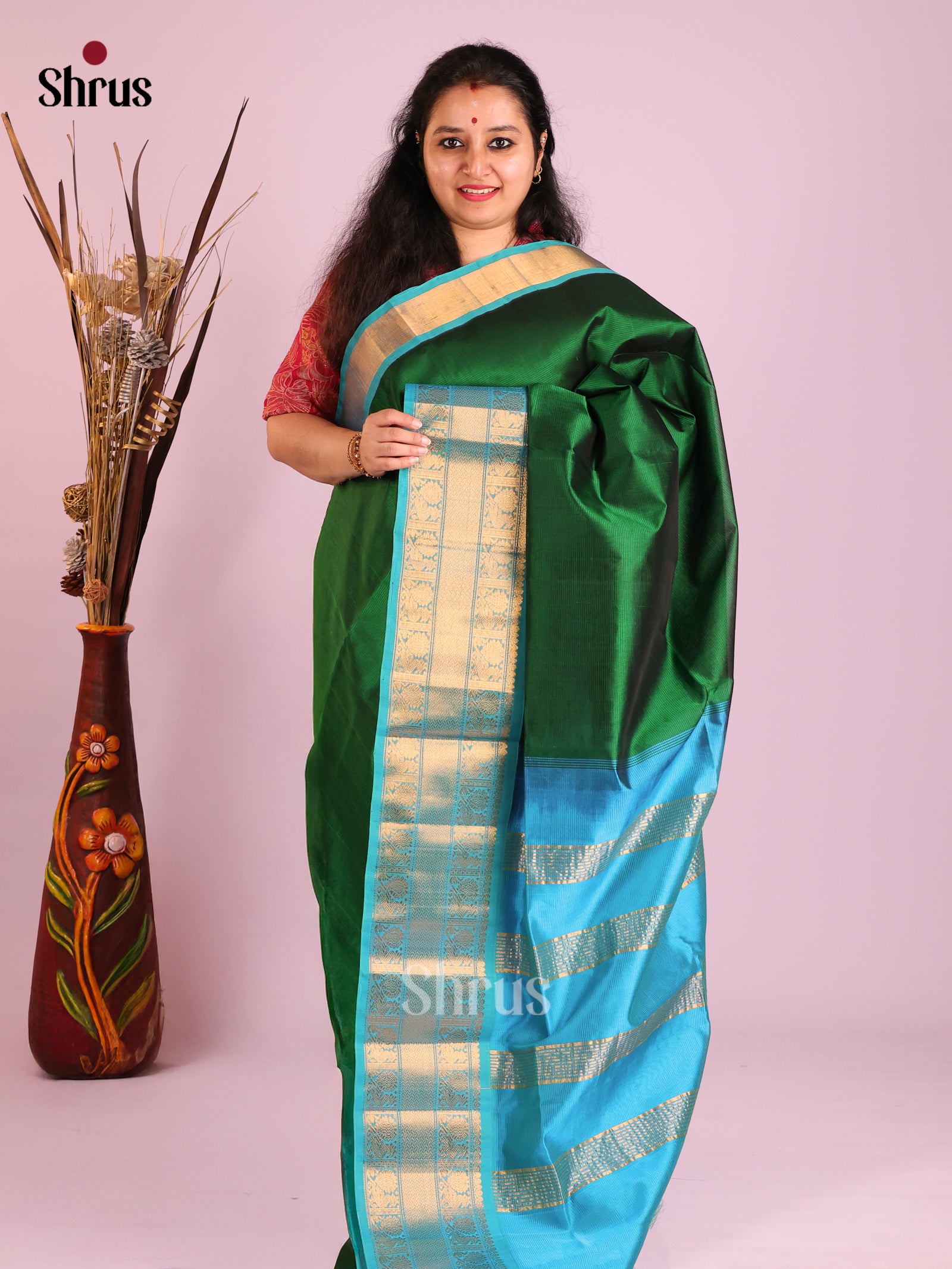 Green & Blue - Silk Cotton Korvai-Medium border Saree