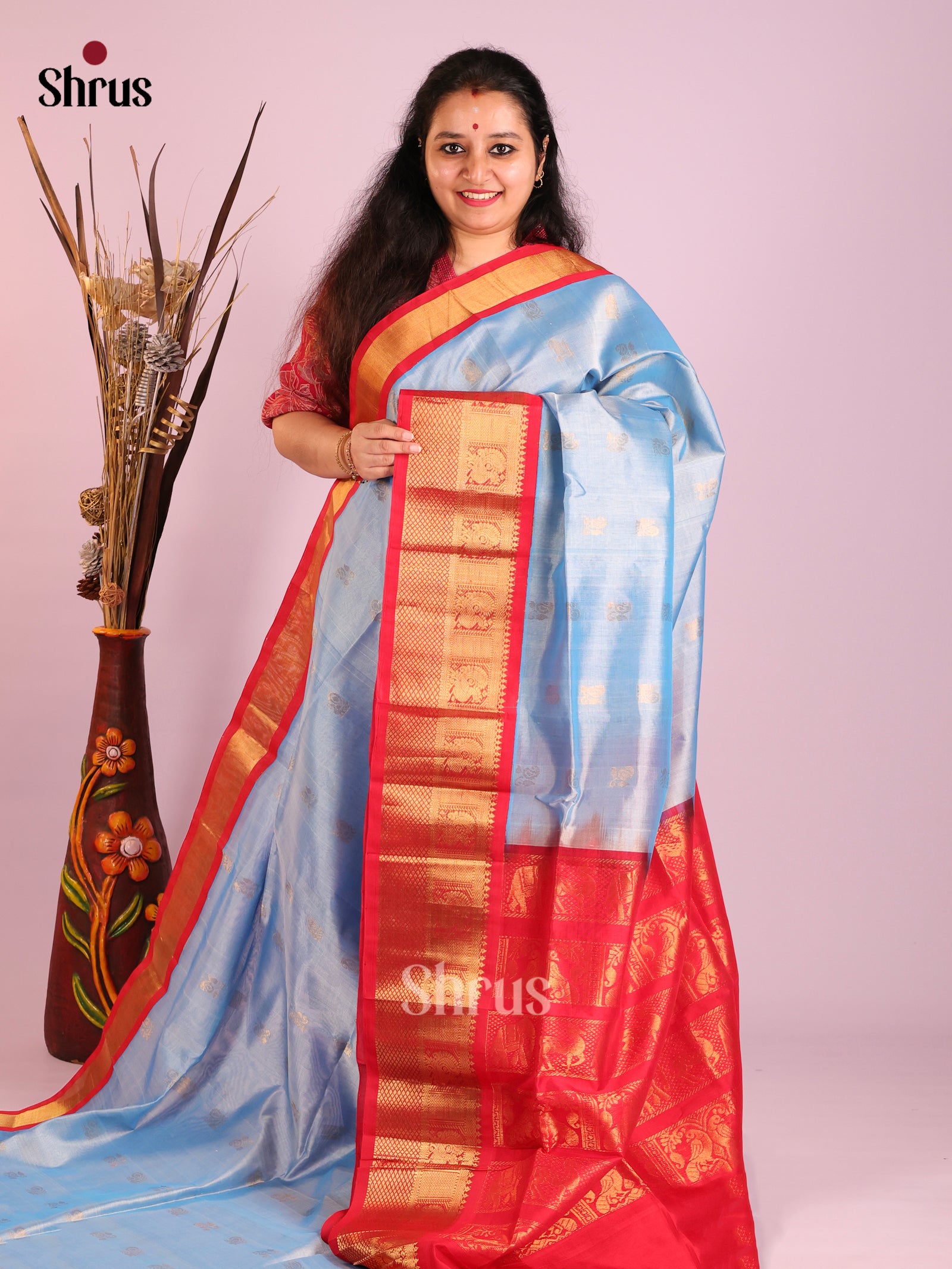 sky blue red Korvai Medium border Saree