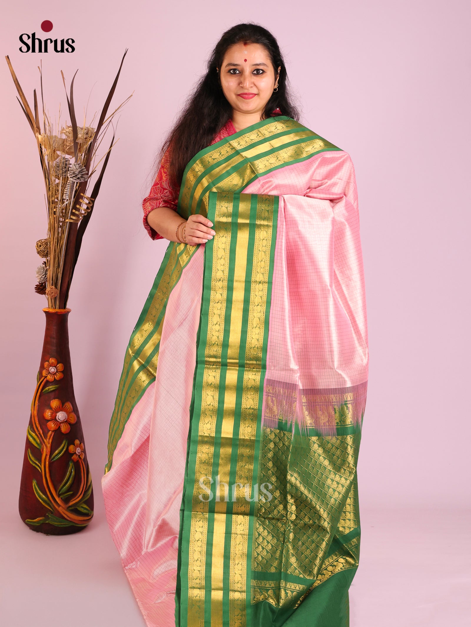pink green Korvai kattams Saree