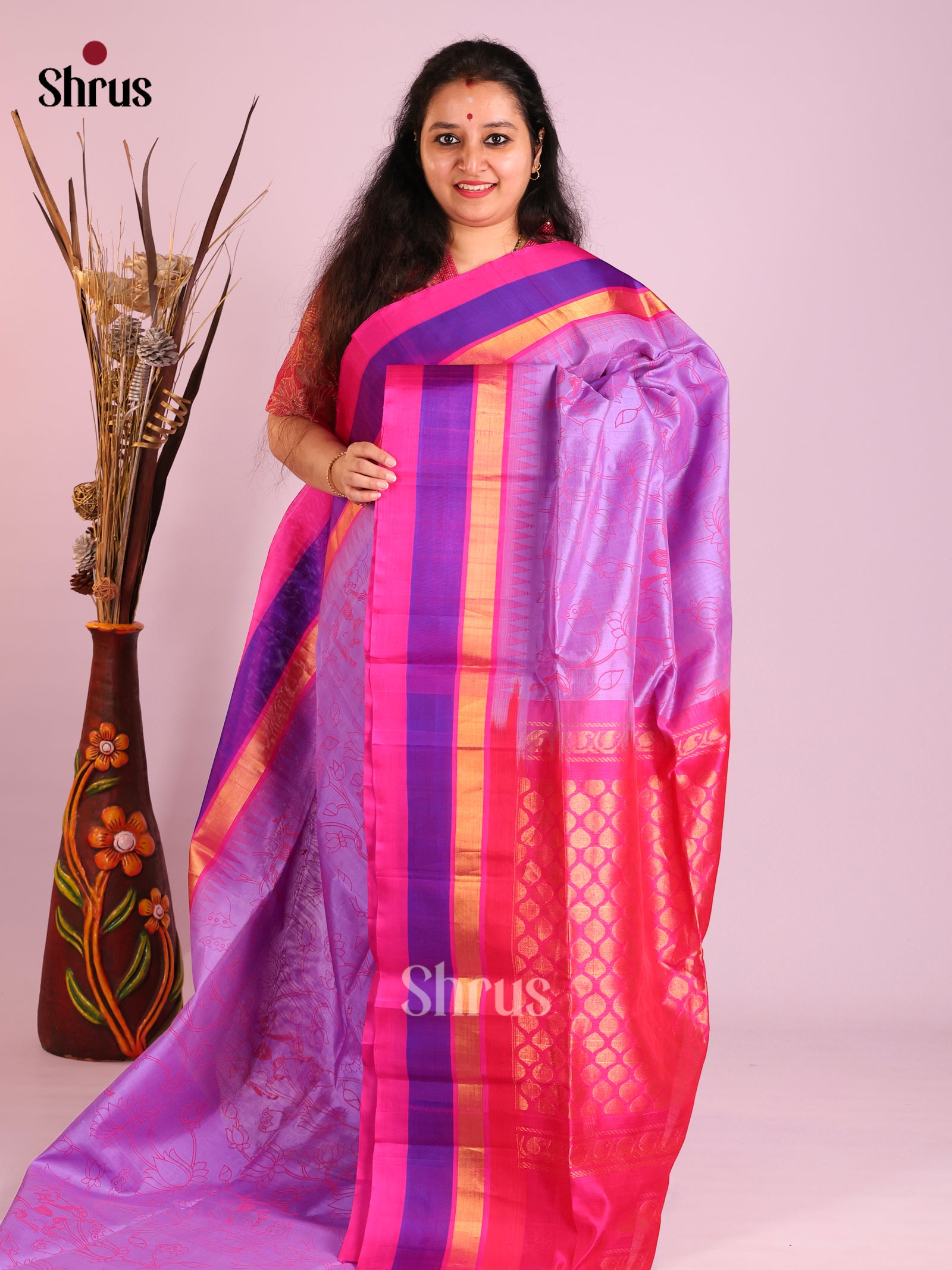 Lavender Pink red Temple border Saree