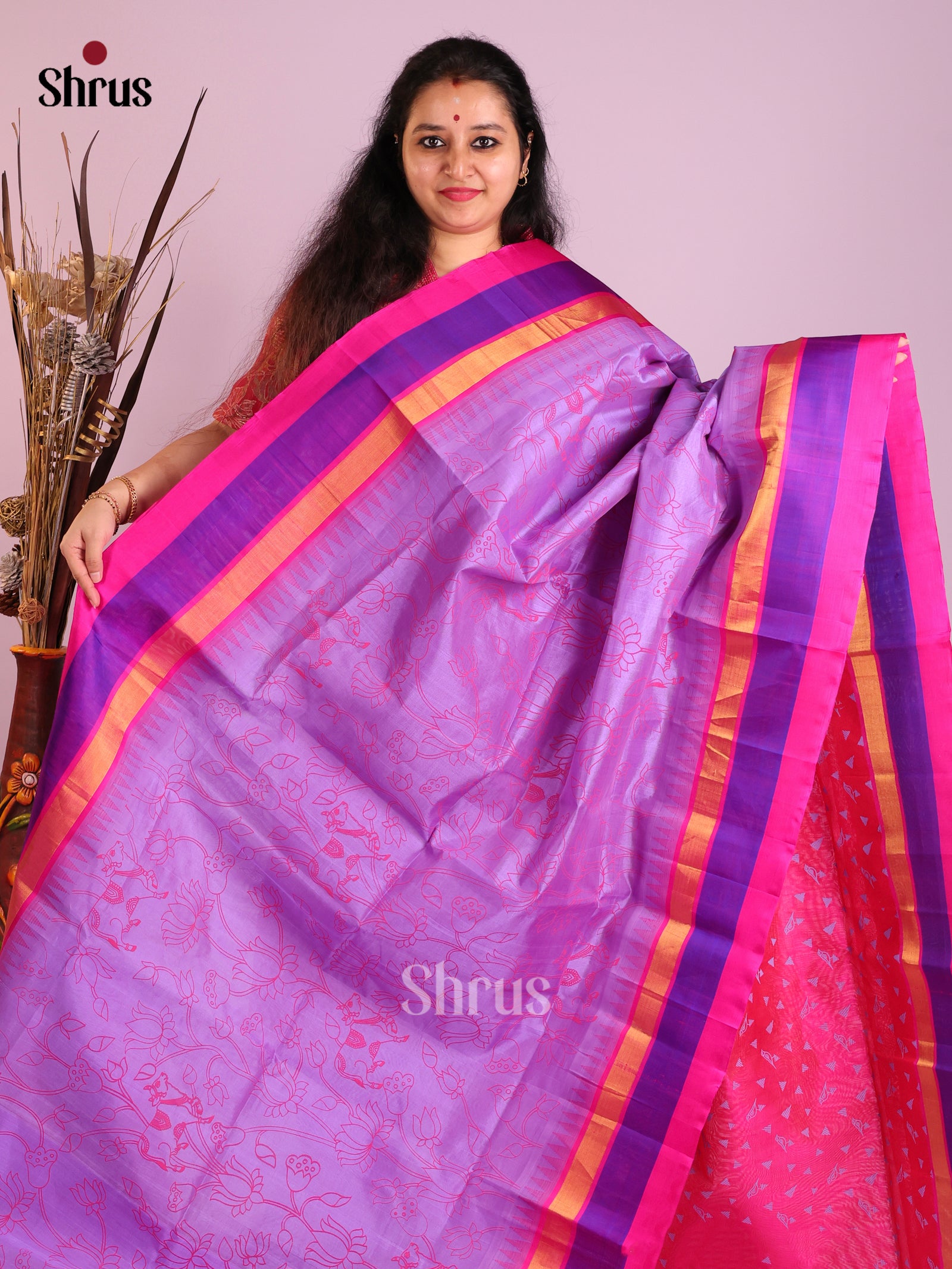 Lavender Pink red Temple border Saree