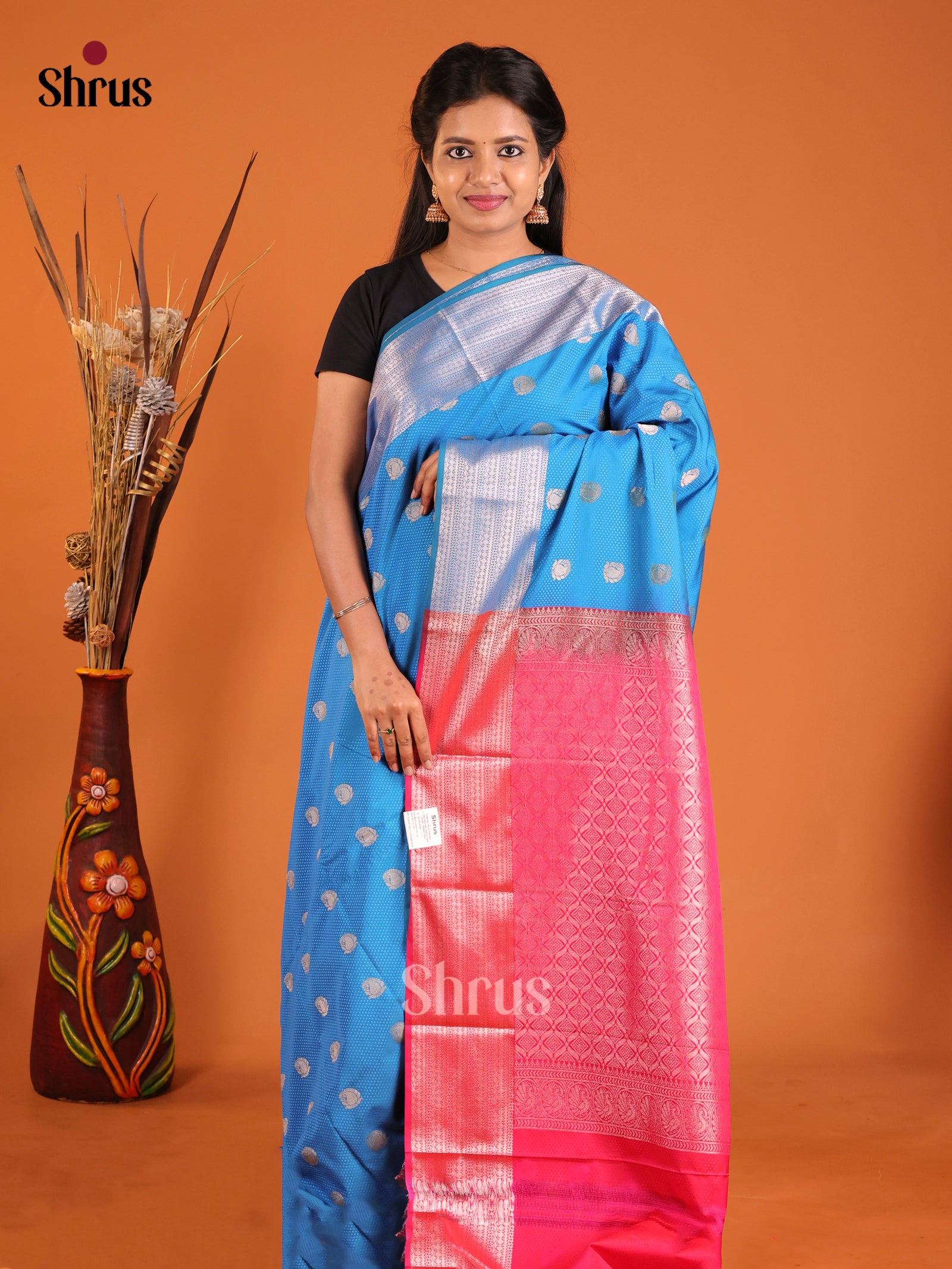 Blue & Pink - Semi Kanchipuram Saree