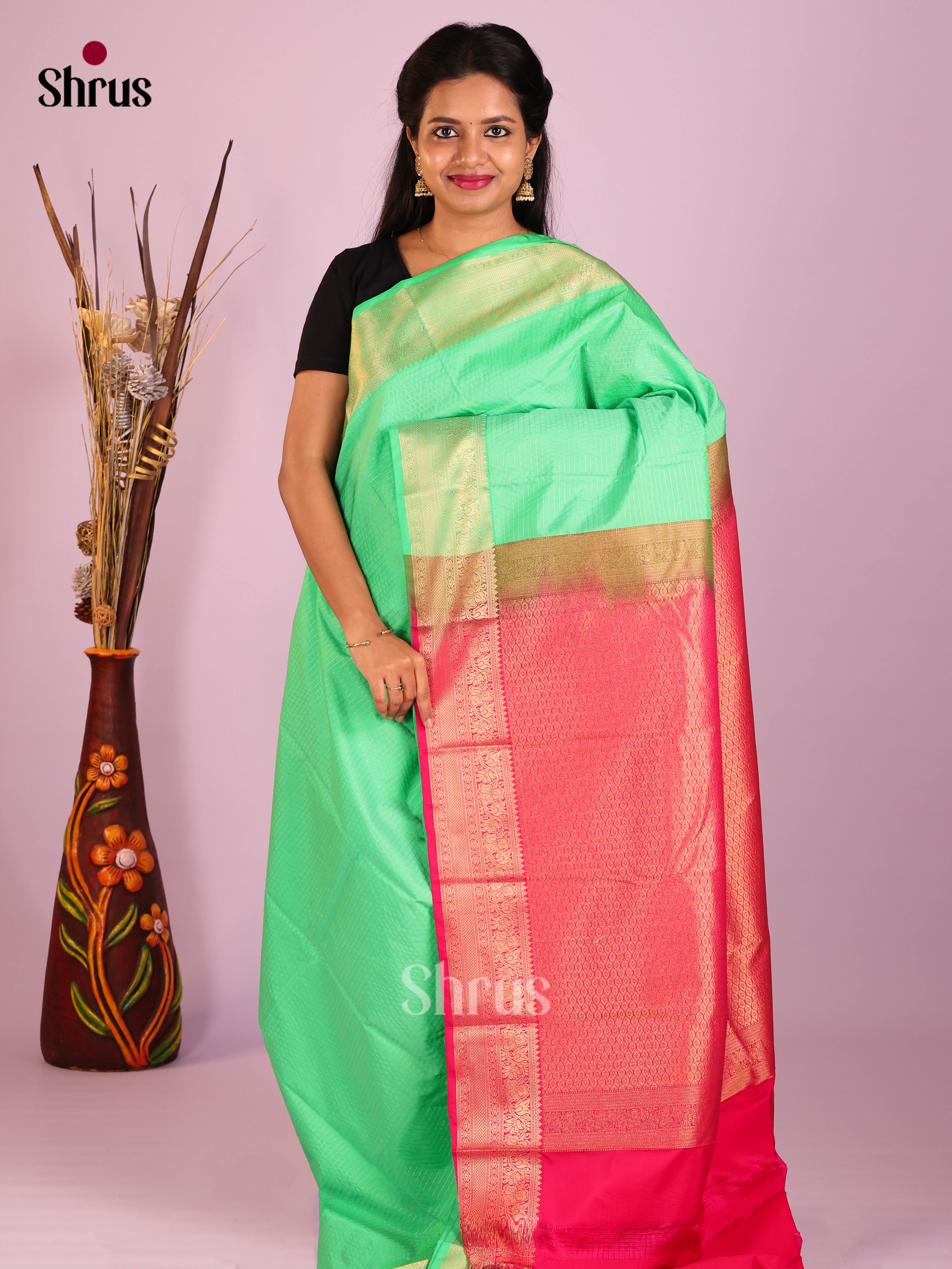 Pista Green & Pink - Semi Kanchipuram Saree