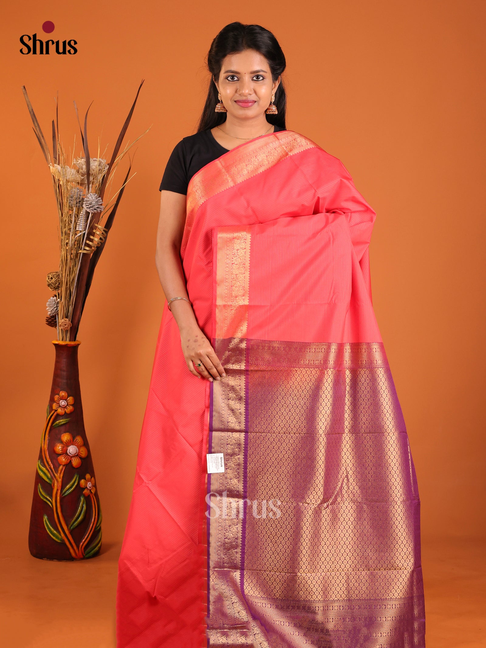 Orangish Pink & Violet - Semi Kanchipuram Saree