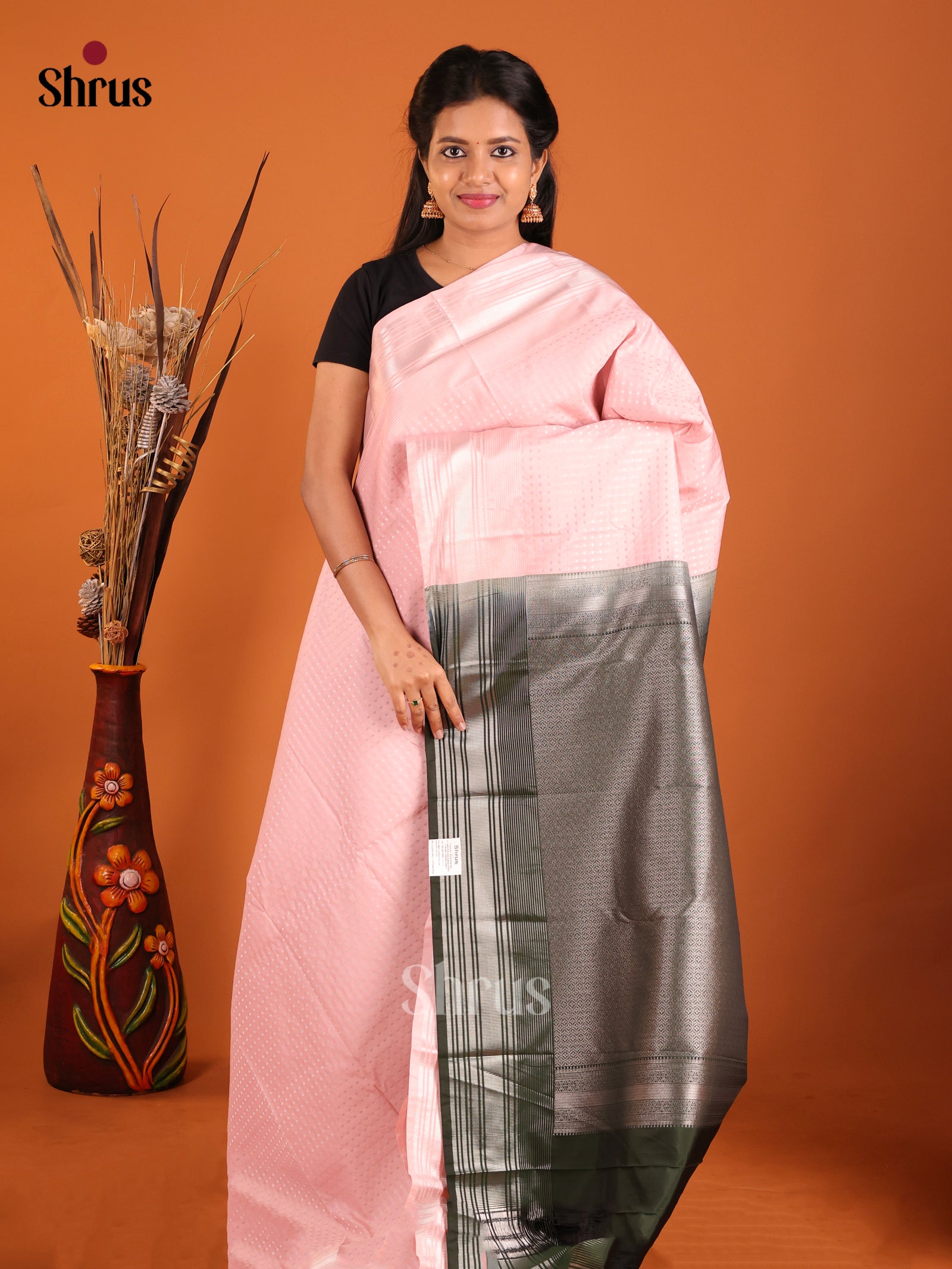 Baby Pink & Green - Semi Kanchipuram Saree