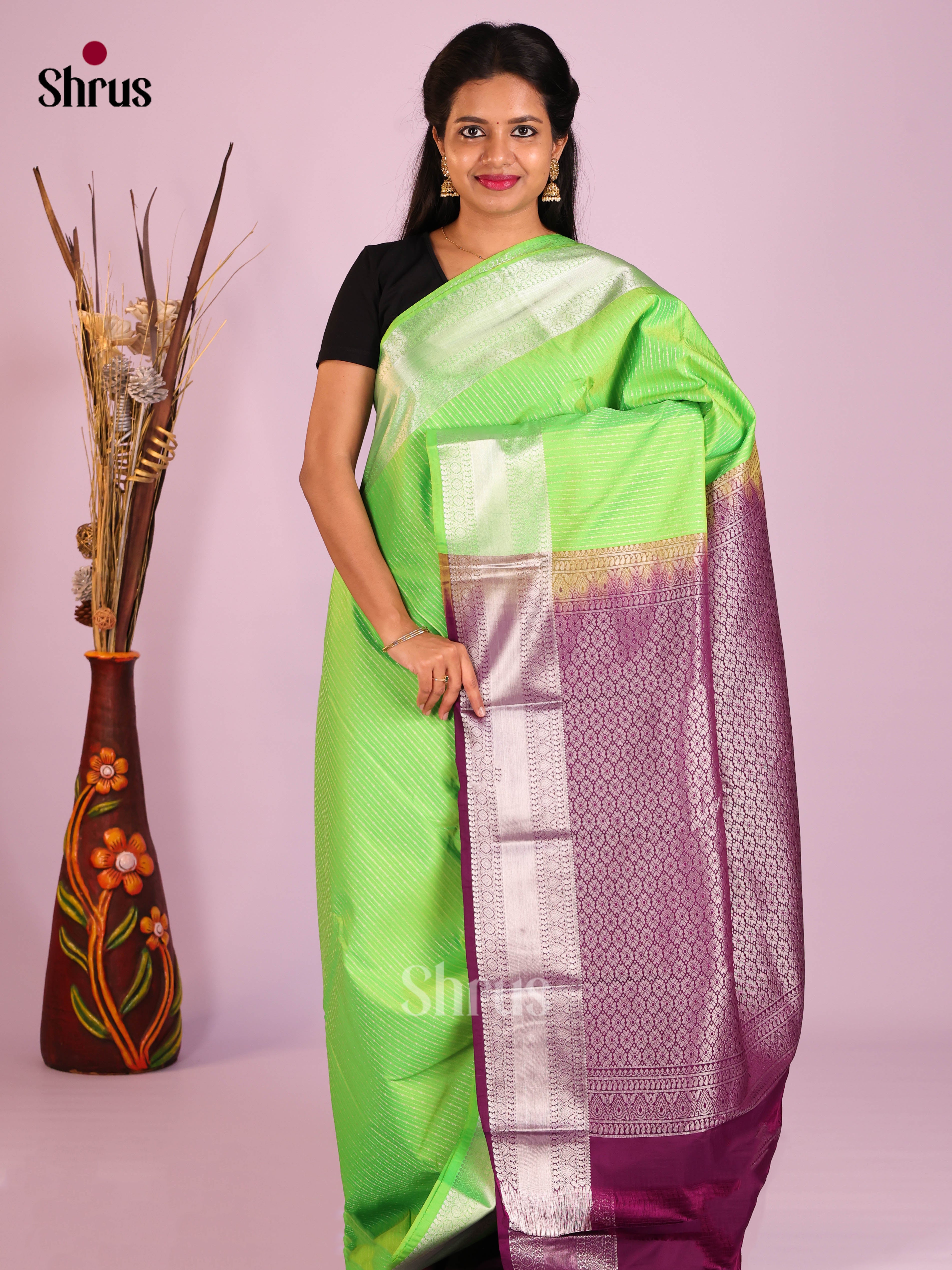 Pista Green & Purple - Semi Kanchipuram Saree