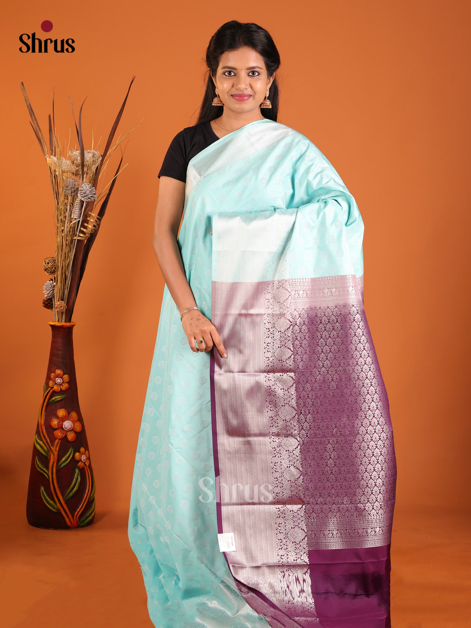 Ice Blue & Purple - Semi Kanchipuram Saree