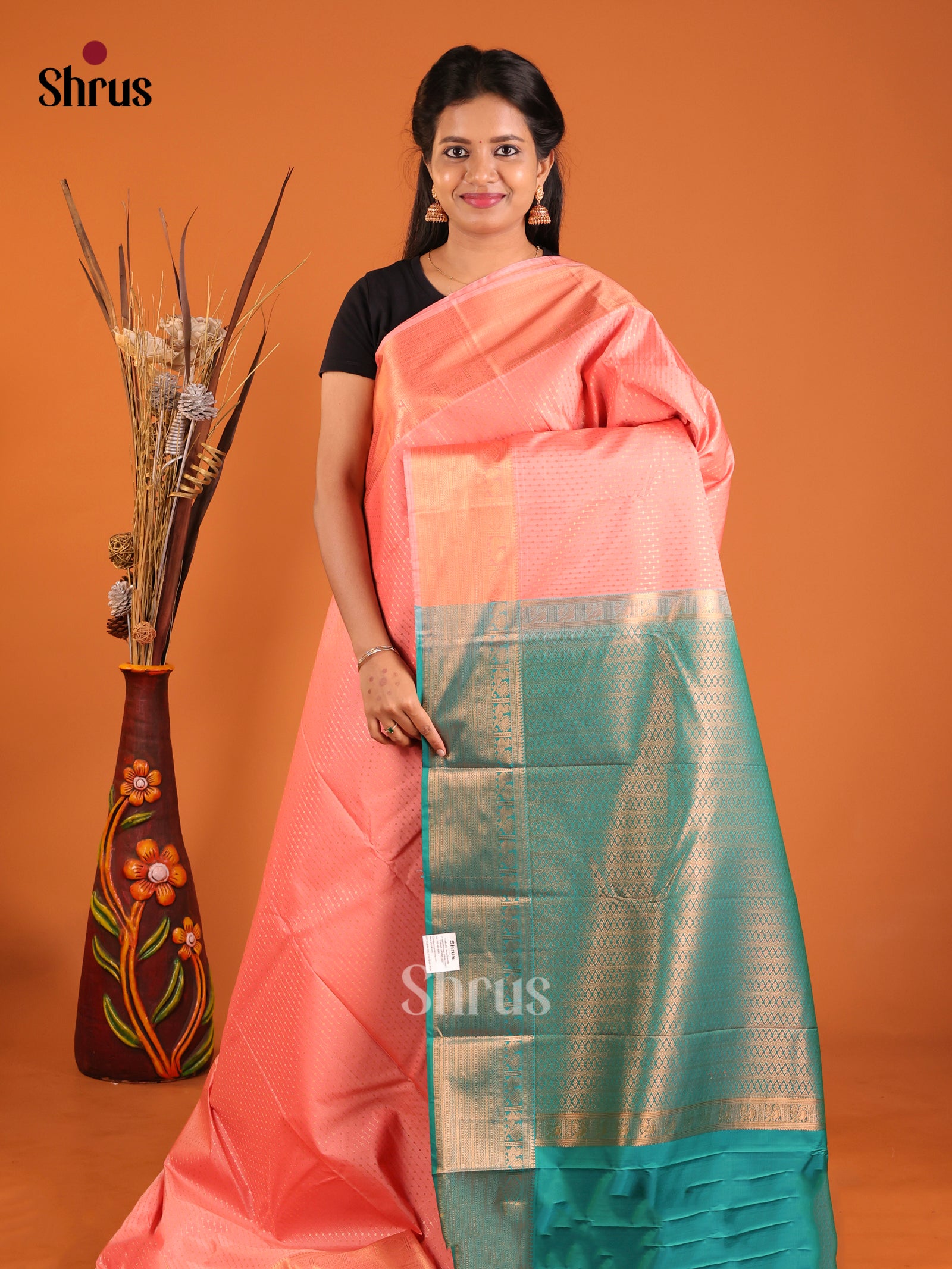 Orangish Pink & Green - Semi Kanchipuram Saree - Shop on Shrus.com