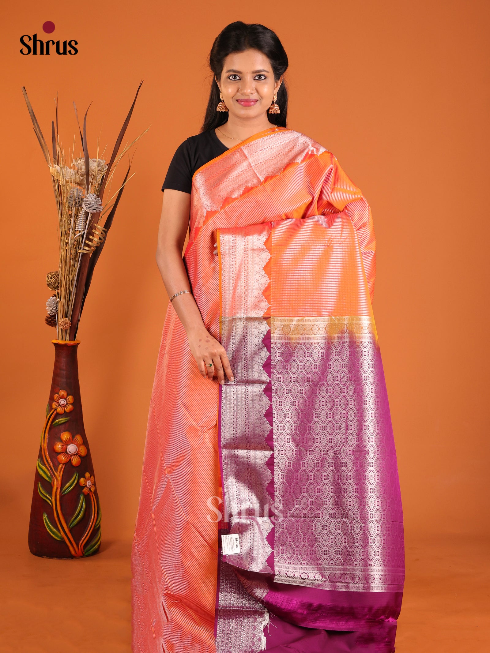 Orange & Purple- Semi Kanchipuram Saree - Shop on Shrus.com