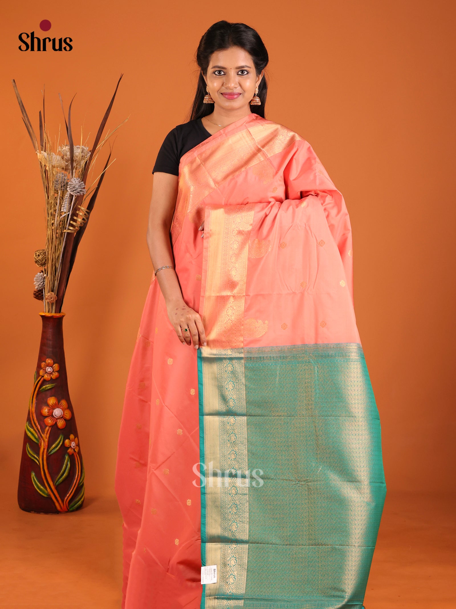 Orange & Green - Semi Kanchipuram Saree