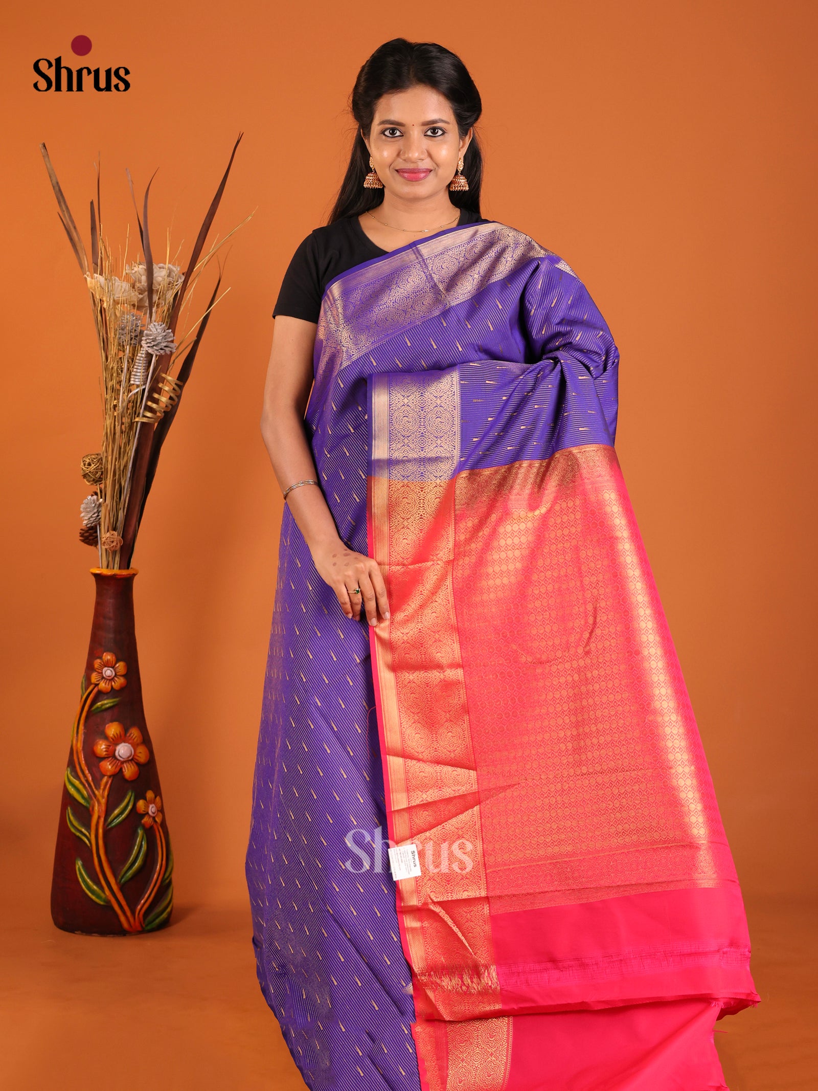 Blue & Orangish Pink - Semi Kanchipuram Saree