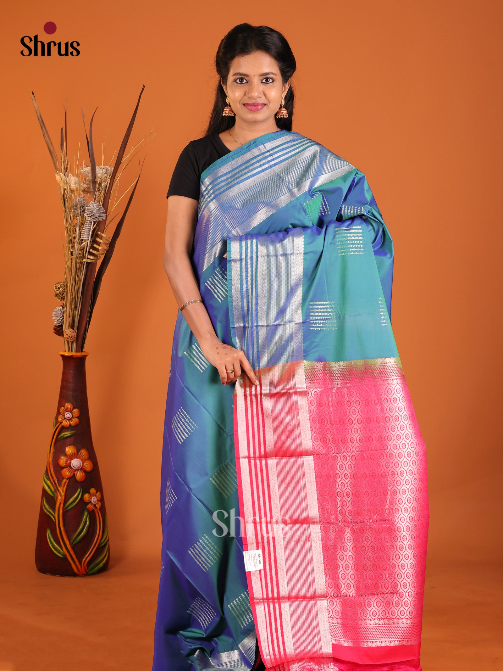 Peacock Green & Pink - Semi Kanchipuram Saree - Shop on Shrus.com