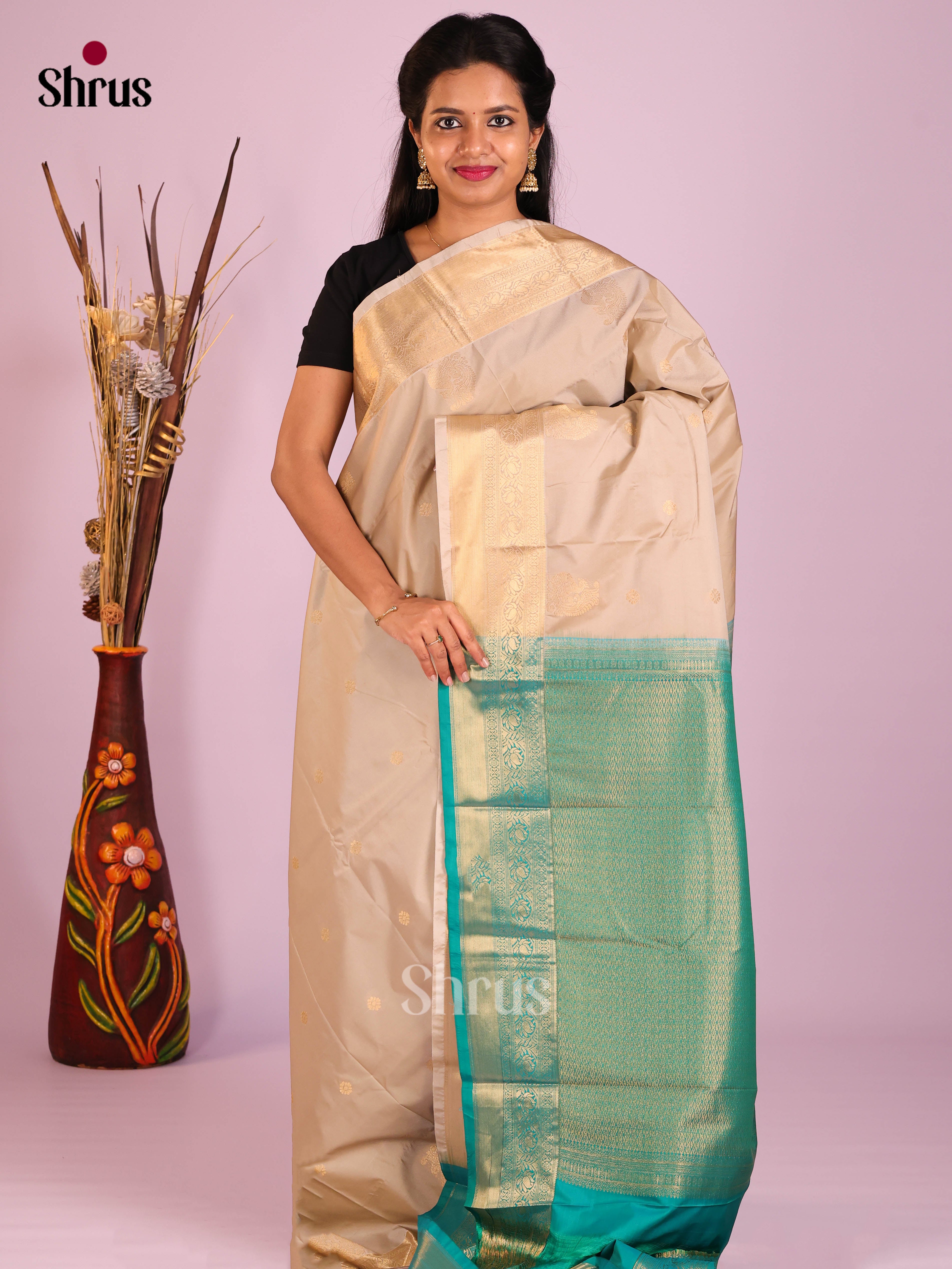 Cream & Green - Semi Kanchipuram Saree