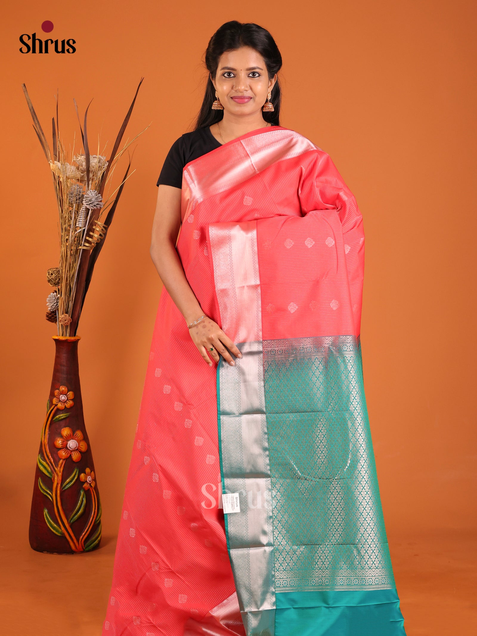 Orangish Pink & green- Semi Kanchipuram Saree - Shop on Shrus.com