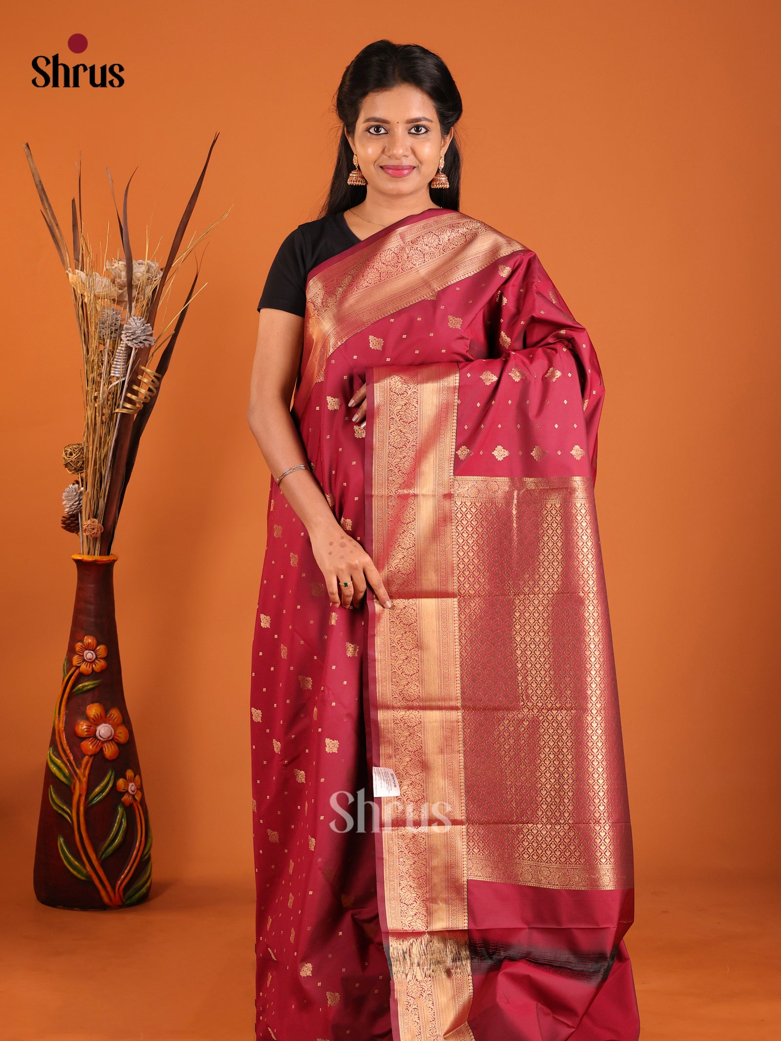 Maroon - Semi Kanchipuram Saree - Shop on Shrus.com