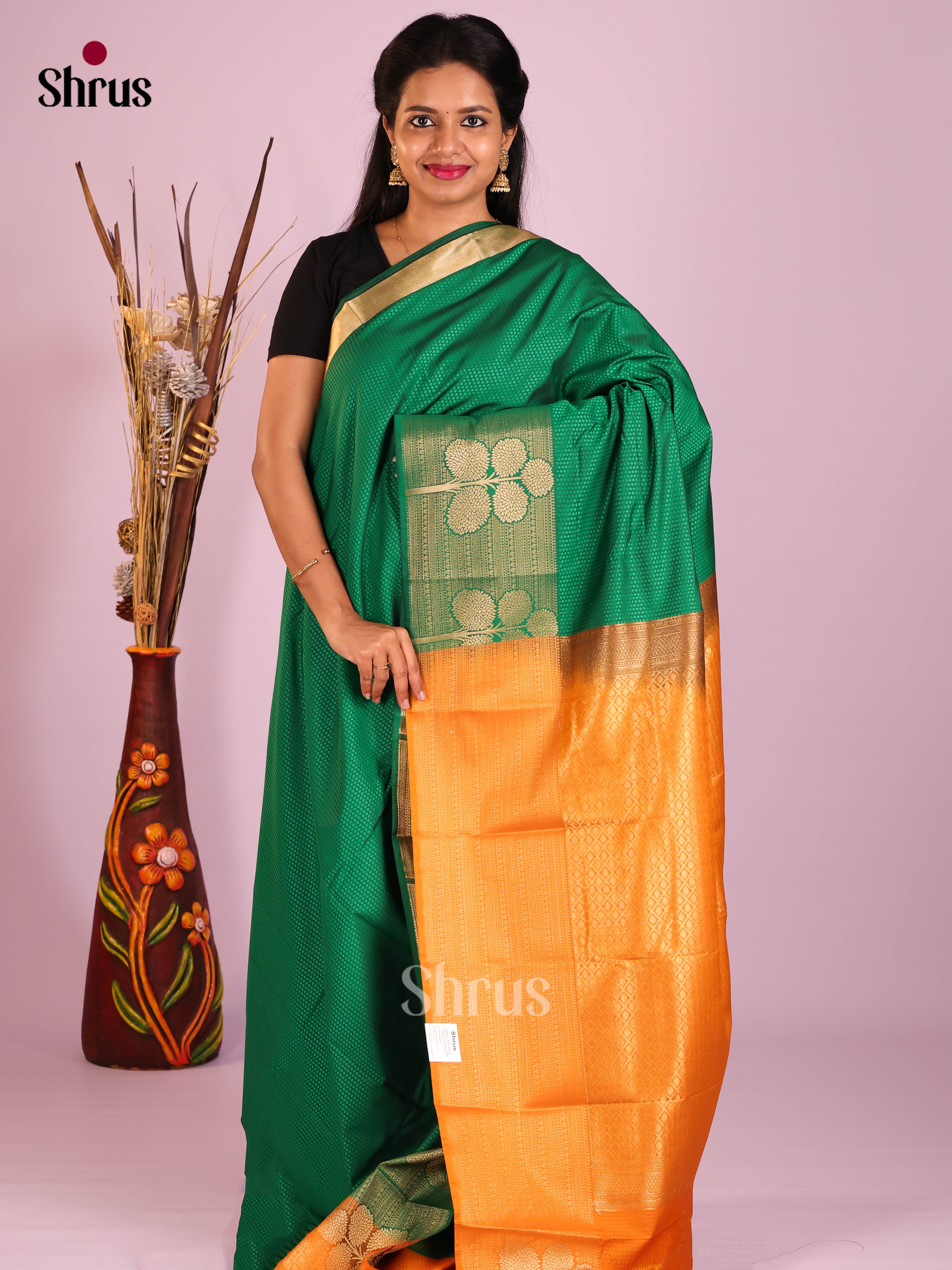 Green & Mustard - Semi Kanchipuram Saree - Shop on Shrus.com