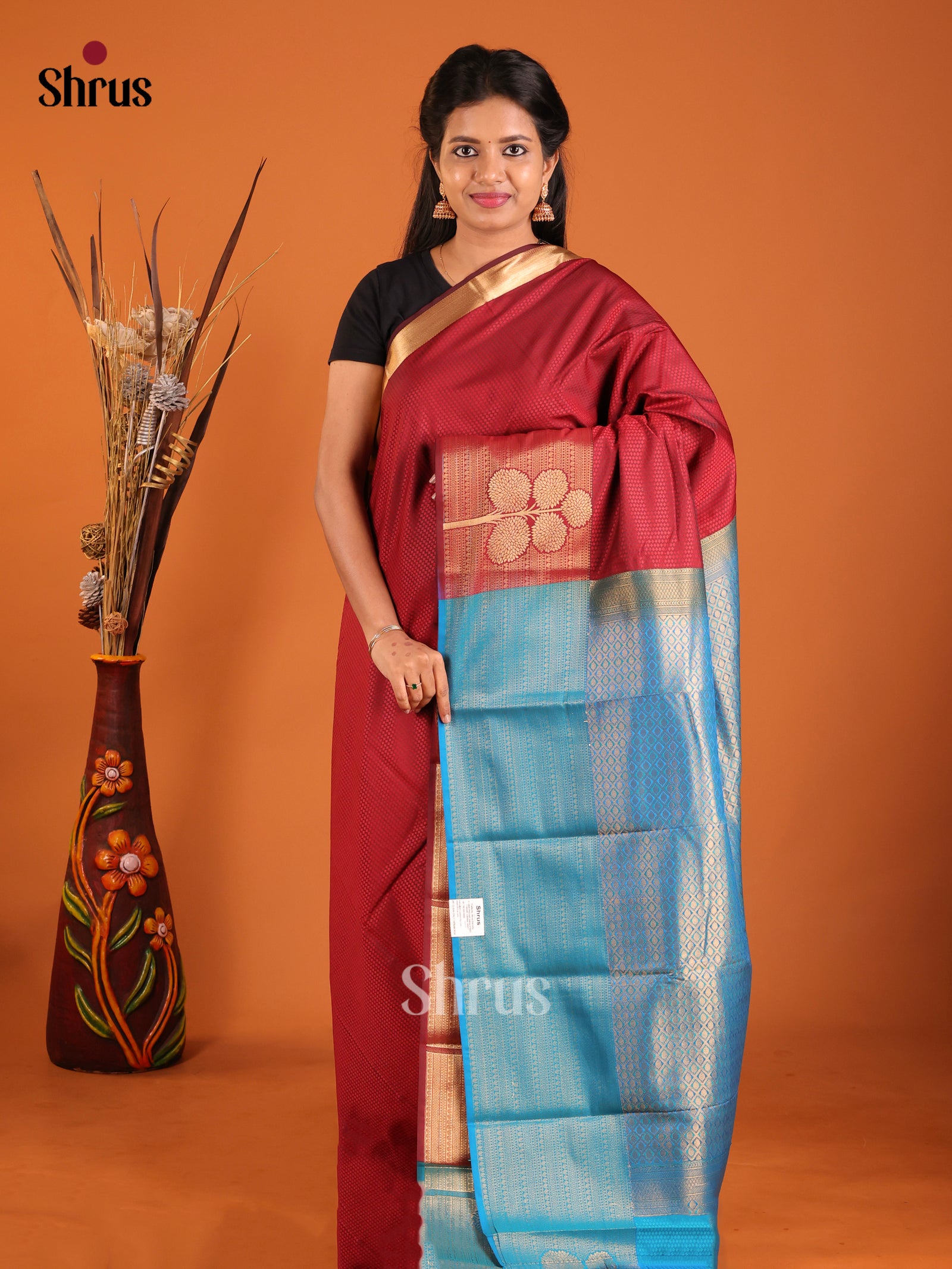 Maroon & Blue - Semi Kanchipuram Saree - Shop on Shrus.com