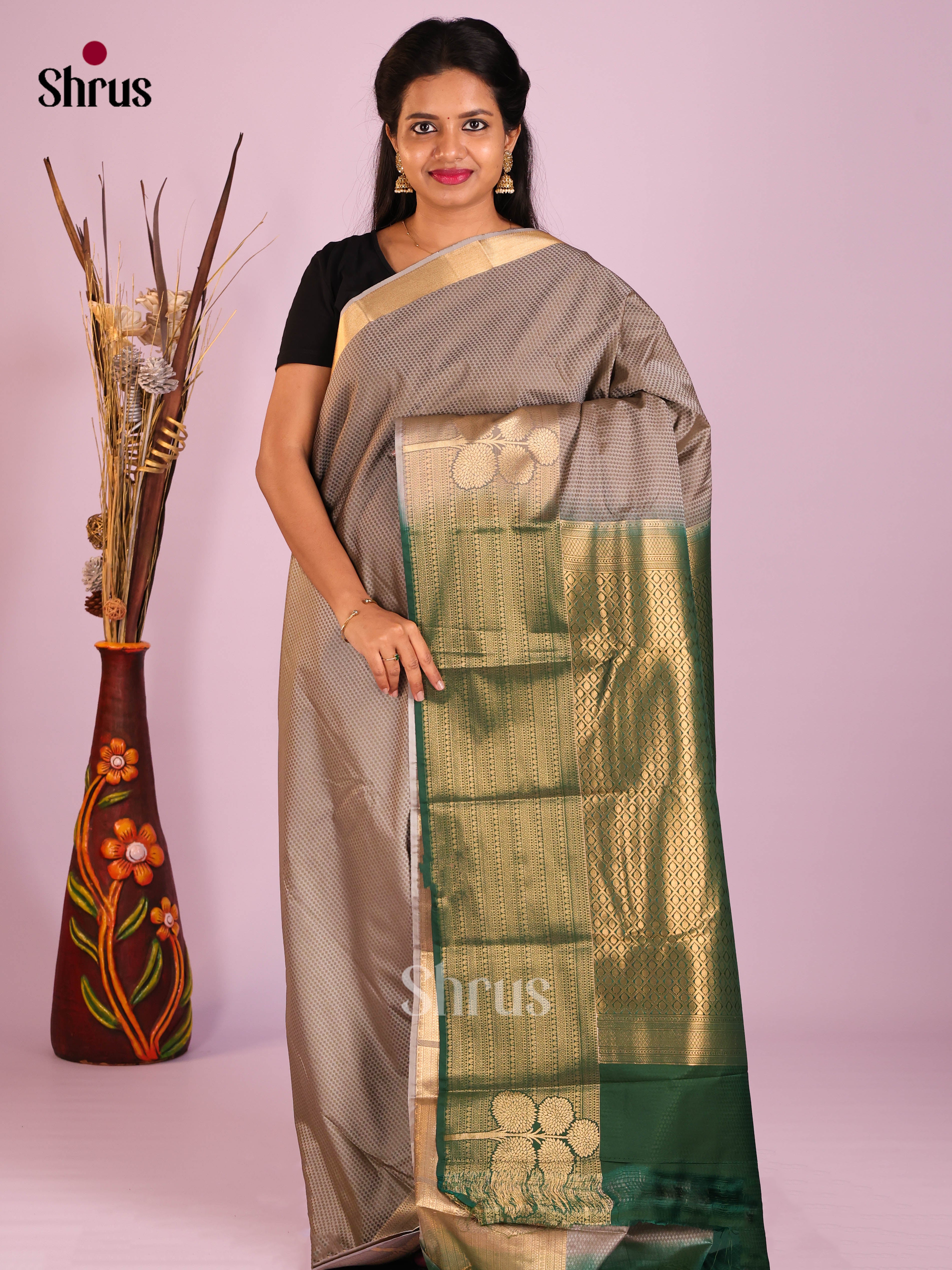 Grey & Green - Semi Kanchipuram Saree