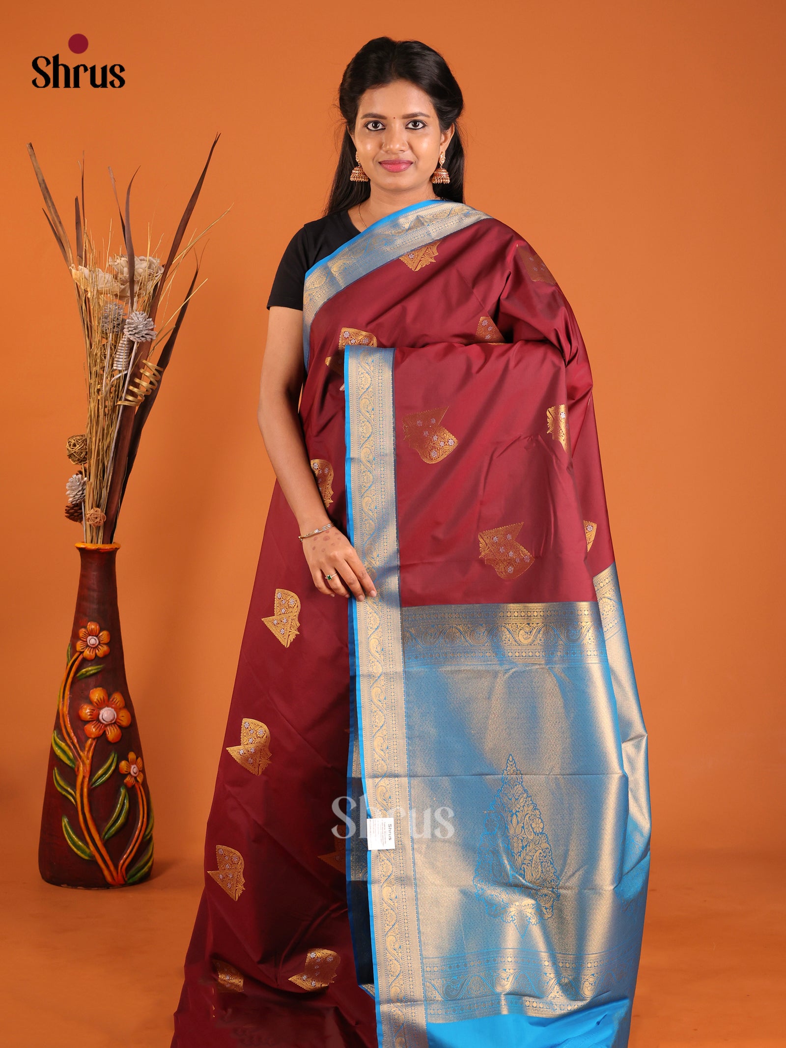 Maroon & Blue - Semi Kanchipuram Saree