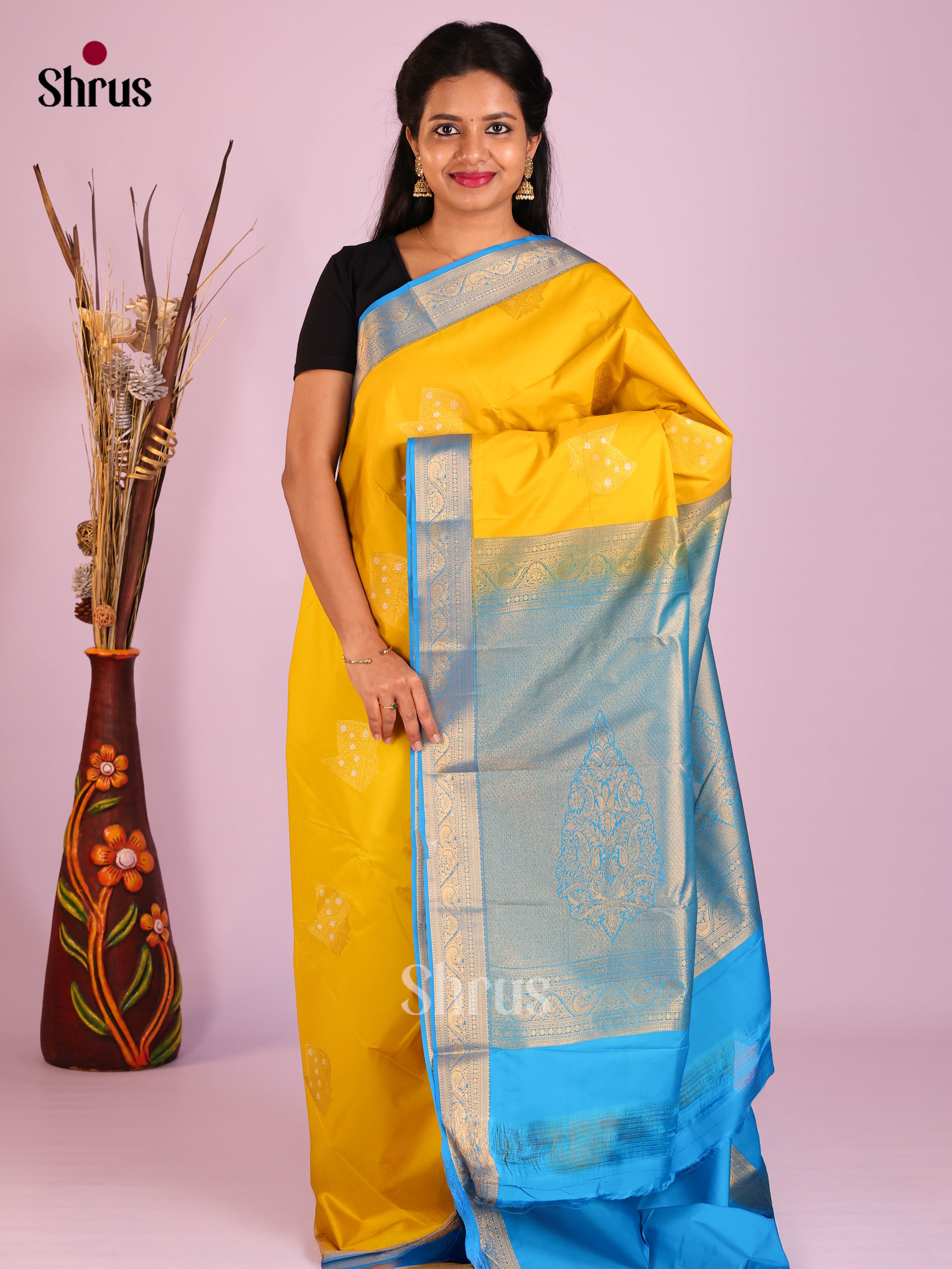 Yellow & Blue - Semi Kanchipuram Saree