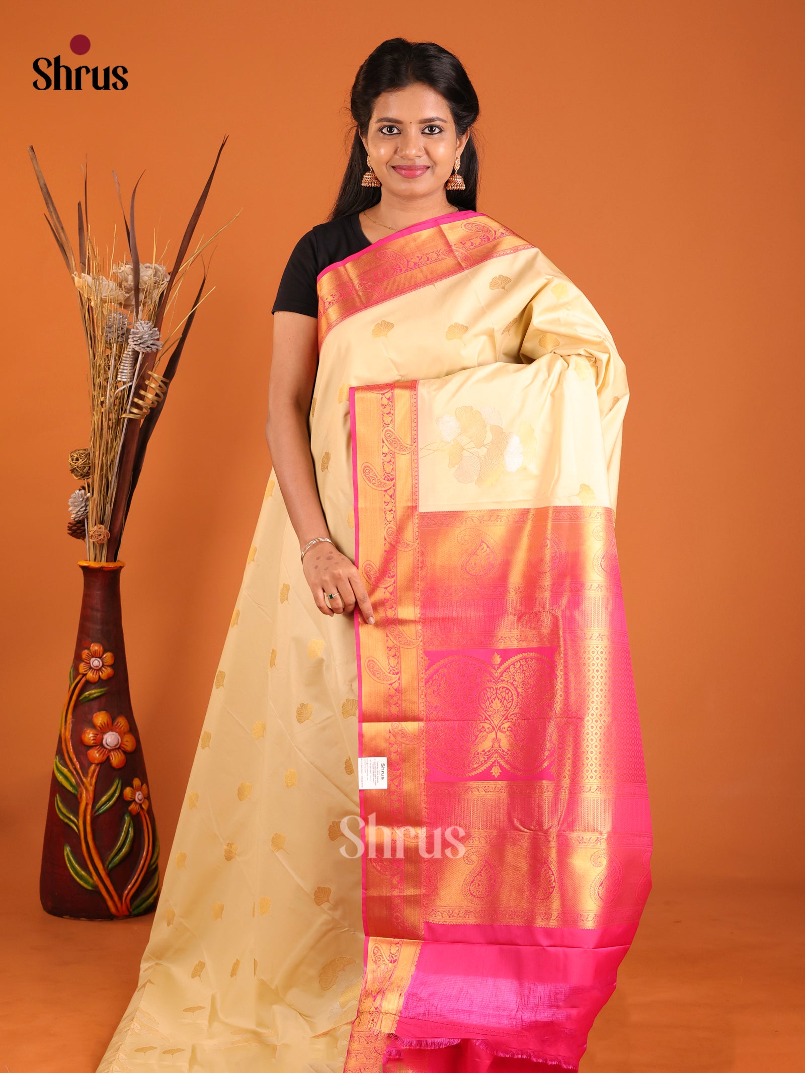 Cream & Pink- Semi Kanchipuram Saree - Shop on Shrus.com