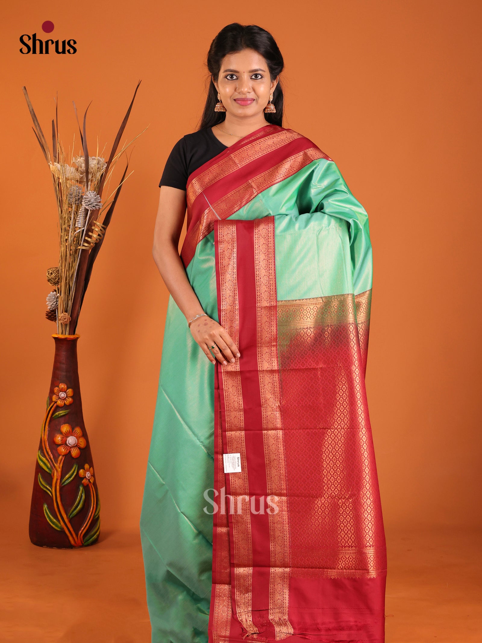 Green & Maroon- Semi Kanchipuram Saree - Shop on Shrus.com