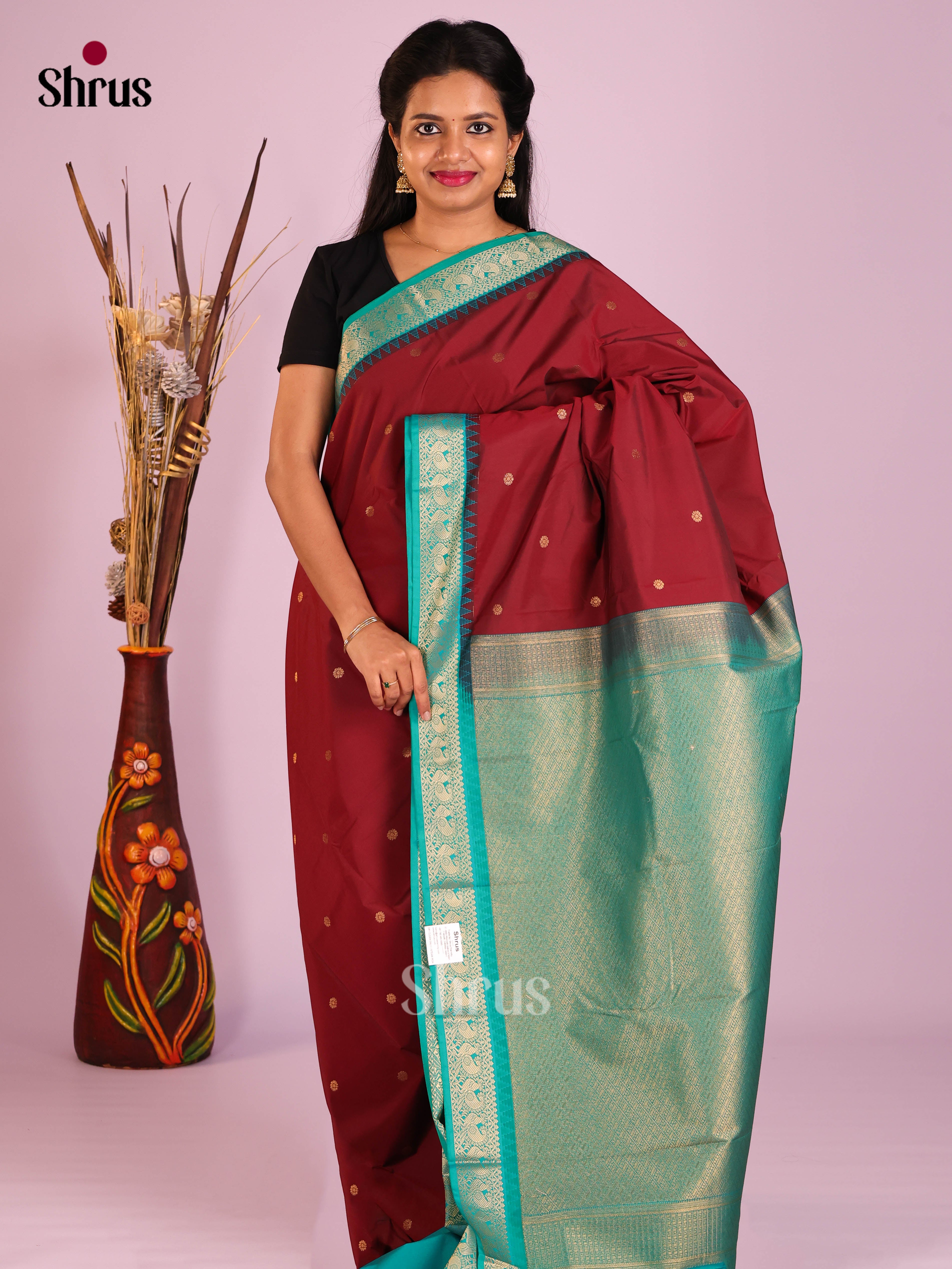 Maroon & Green - Semi Kanchipuram Saree - Shop on Shrus.com