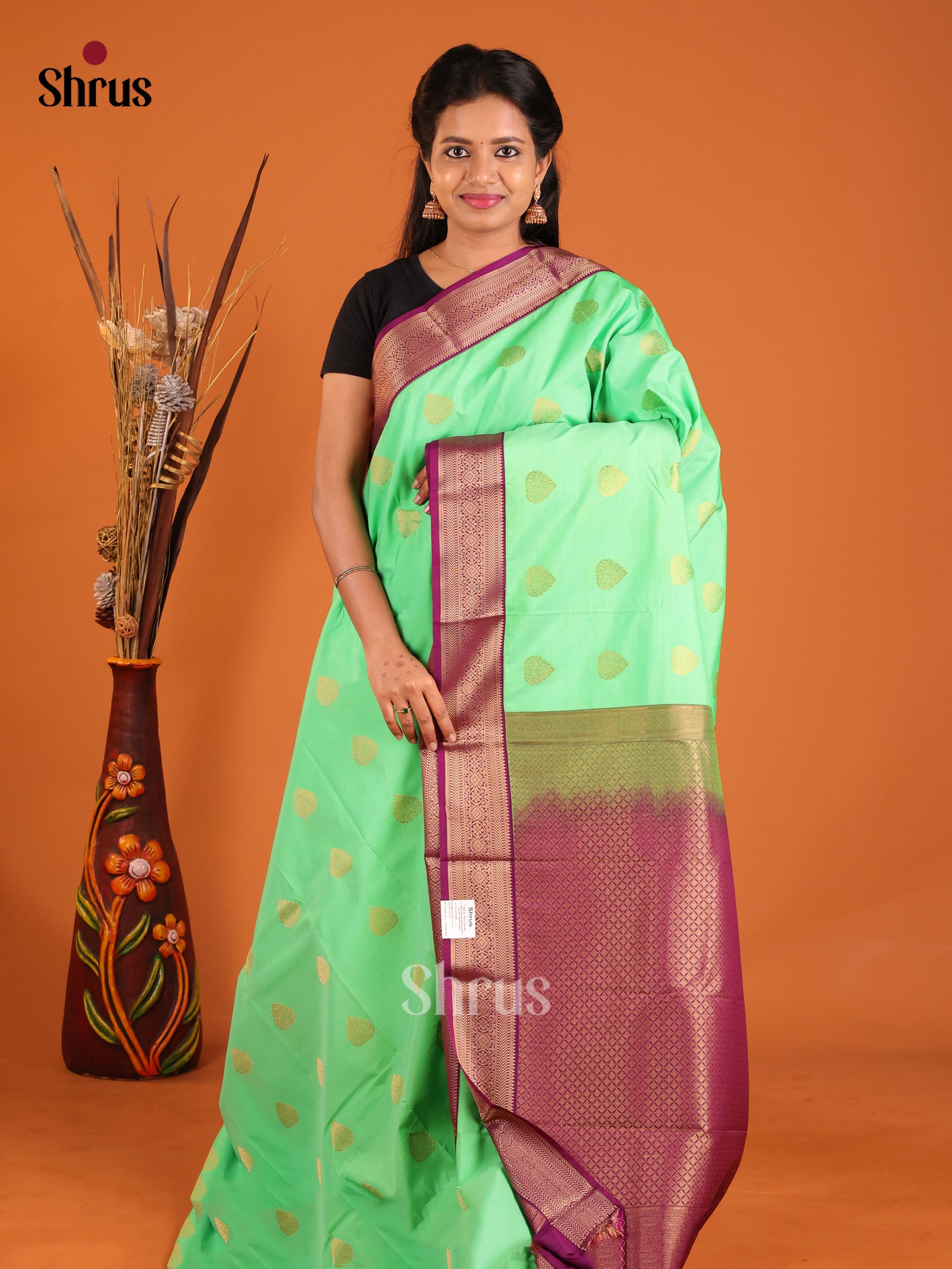 Pista Green & Purple - Semi Kanchipuram Saree - Shop on Shrus.com