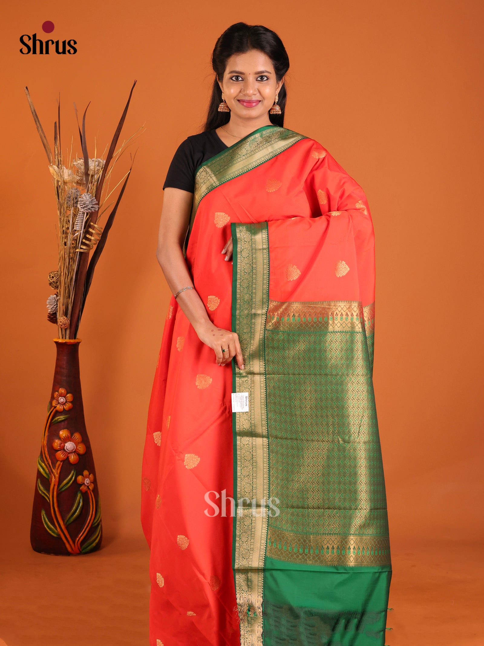 Orange & green - Semi Kanchipuram Saree - Shop on Shrus.com