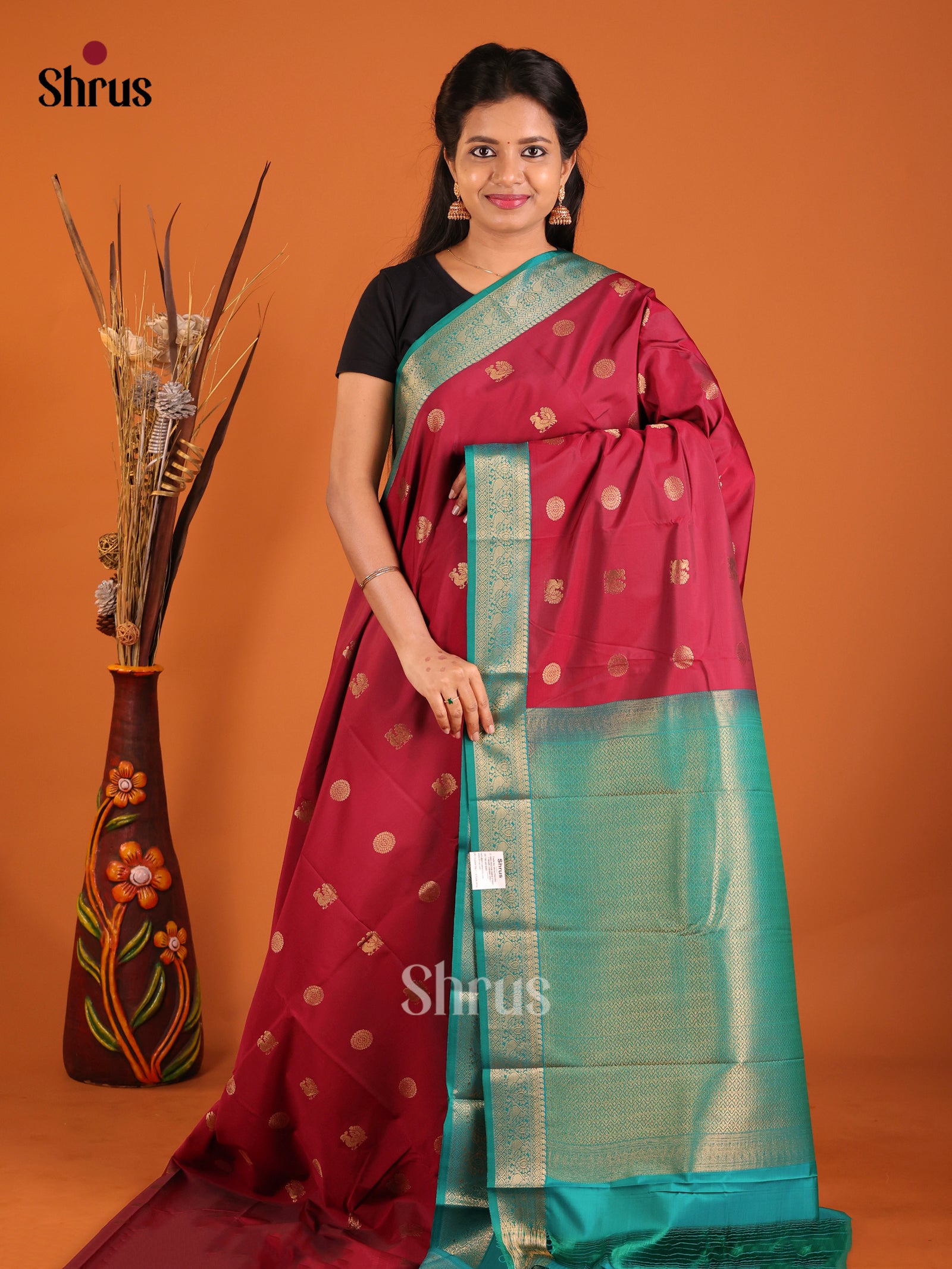 Maroon & Green - Semi Kanchipuram Saree - Shop on Shrus.com