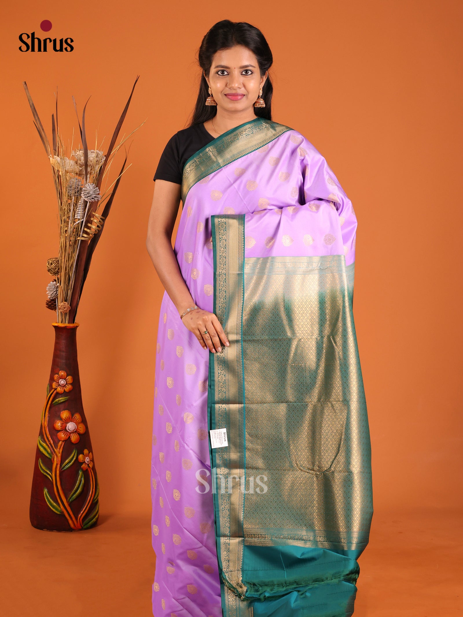 Lavender & Green- Semi Kanchipuram Saree - Shop on Shrus.com