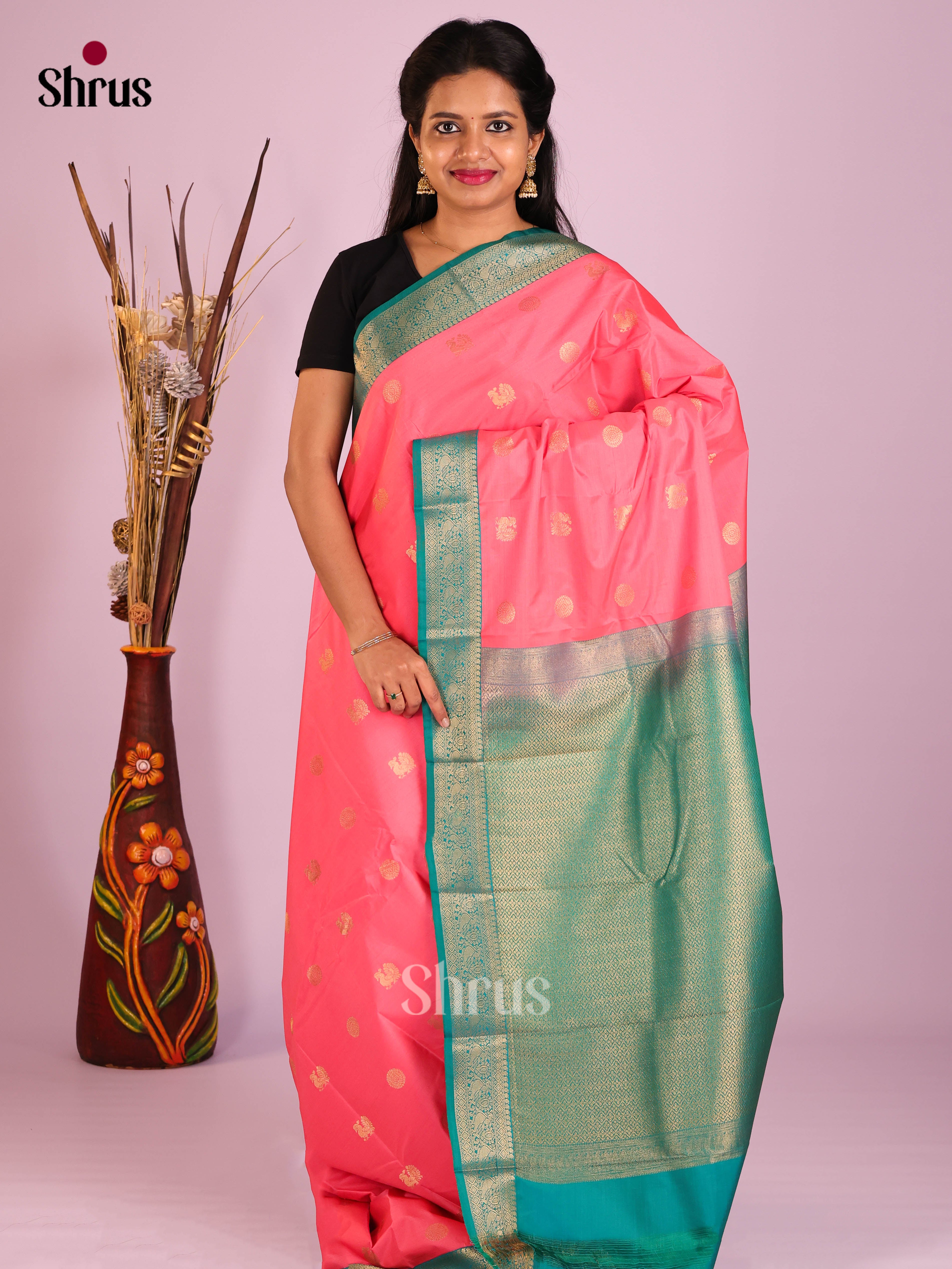 Pink & Green - Semi Kanchipuram Saree