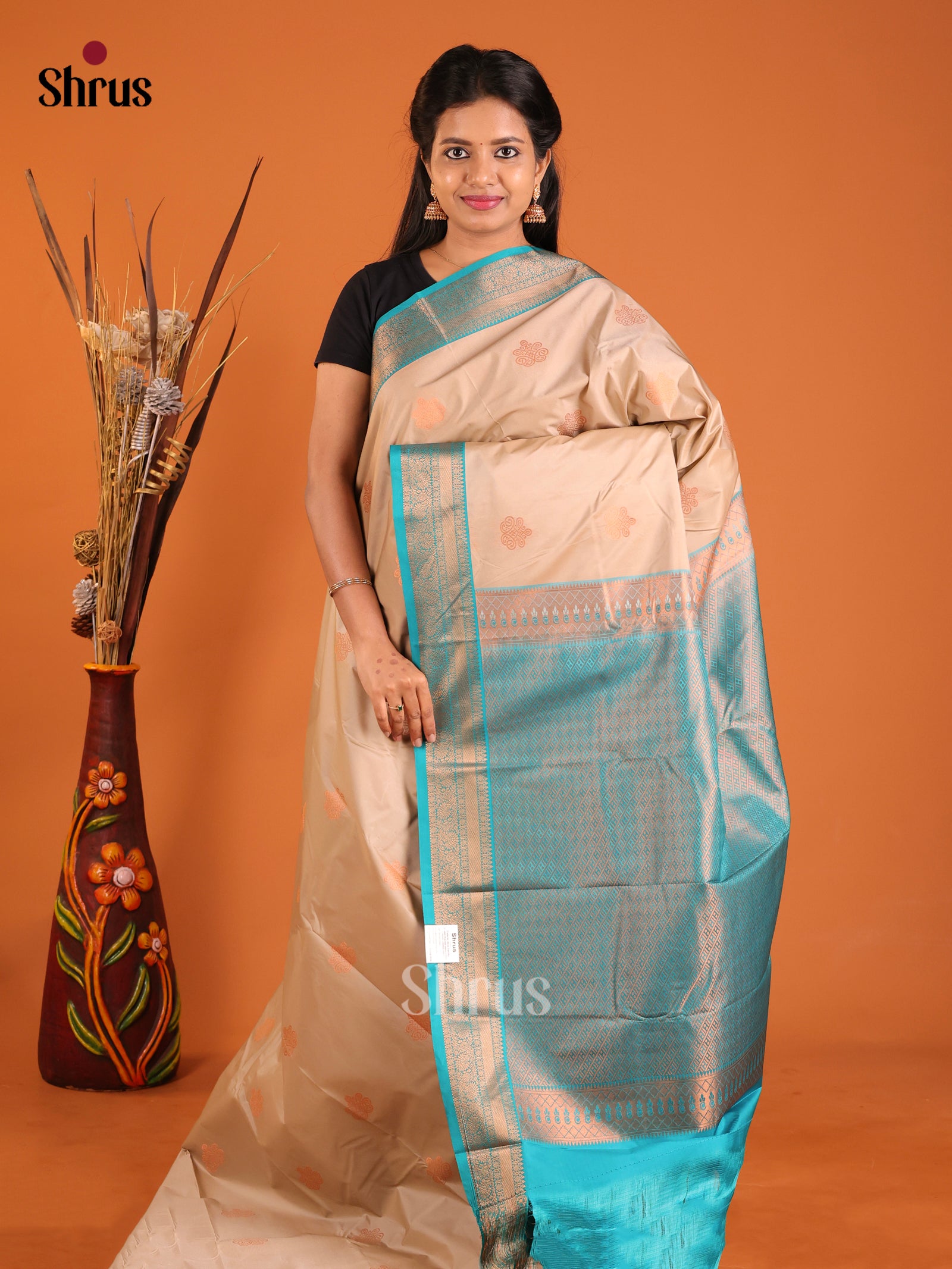 Cream & Blue - Semi Kanchipuram Saree