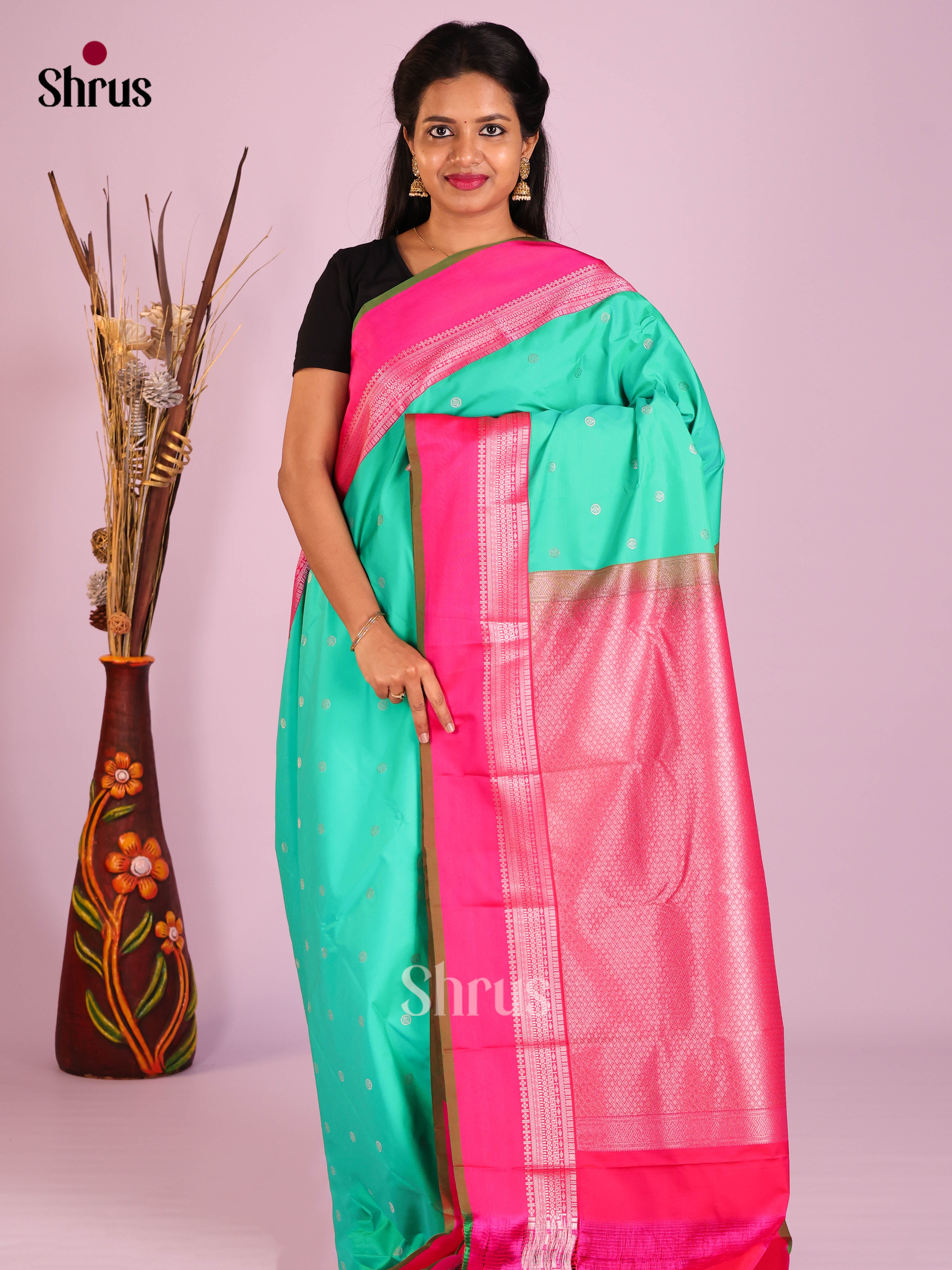 Green & Pink - Semi Kanchipuram Saree