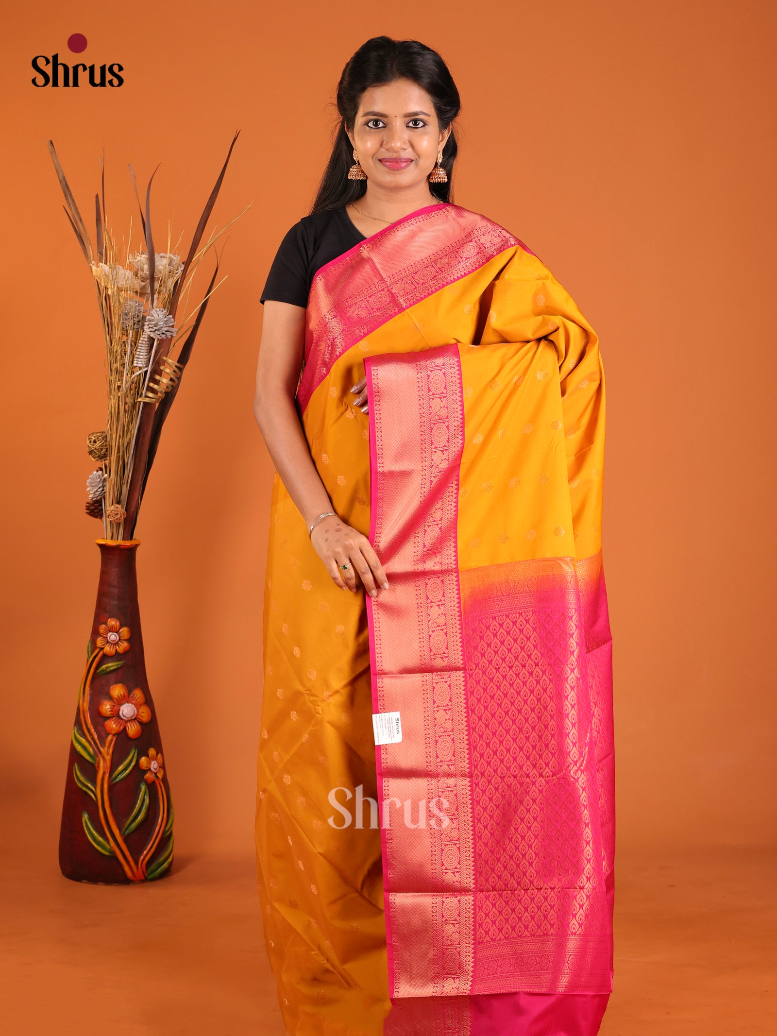 Mustard & Pink - Semi Kanchipuram Saree - Shop on Shrus.com
