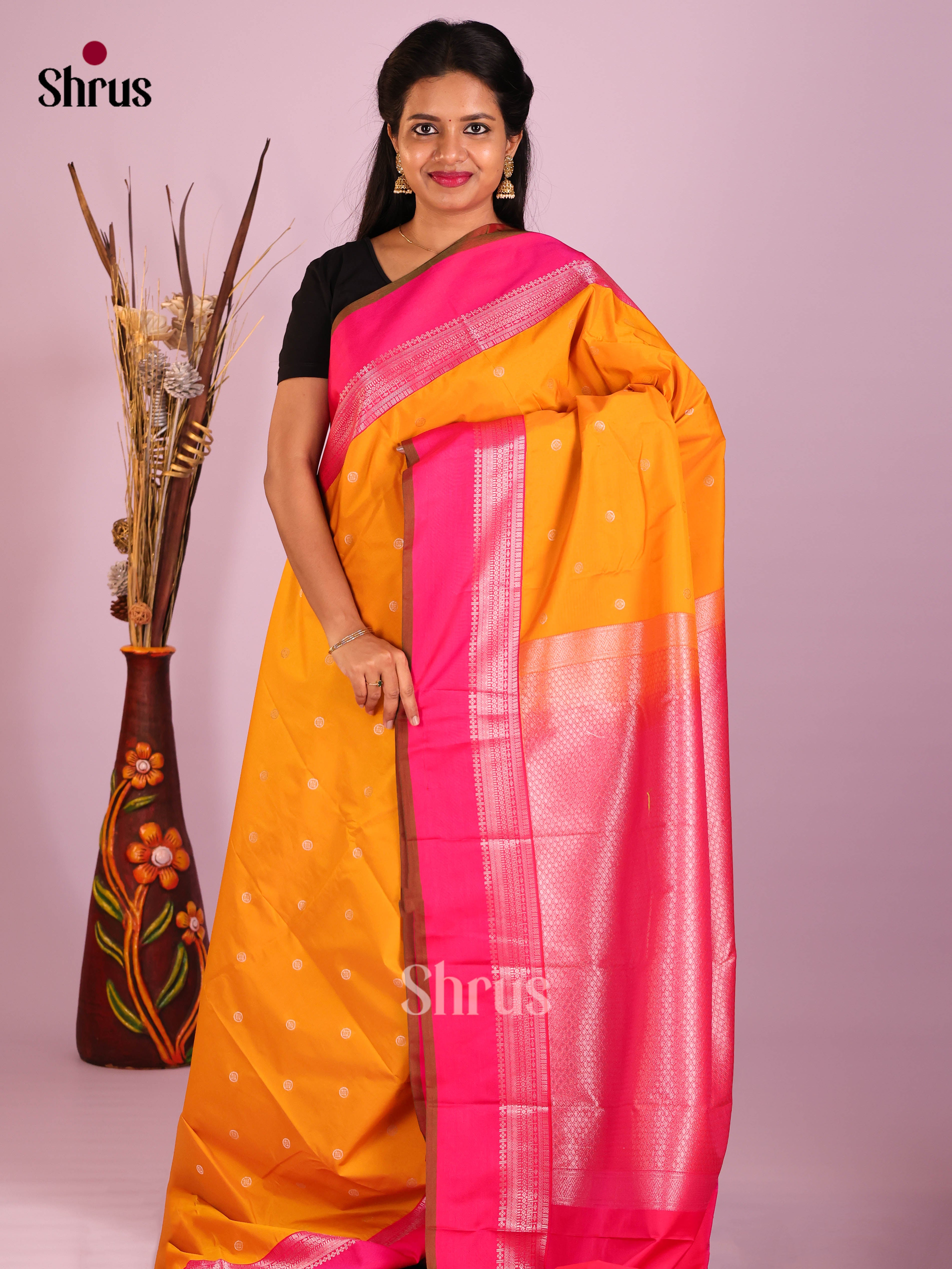 Mmabazha Yellow & Pink - Semi Kanchipuram Saree - Shop on Shrus.com