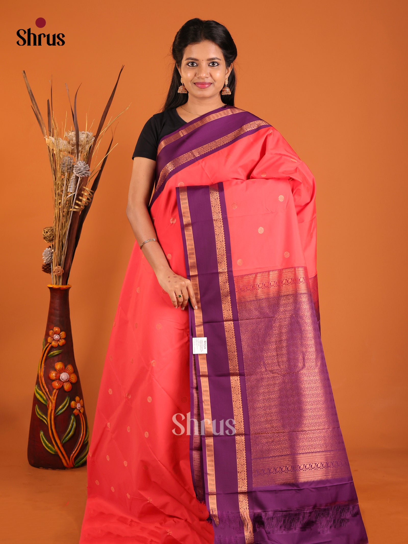 Orangish Pink & Violet- Semi Kanchipuram Saree - Shop on Shrus.com