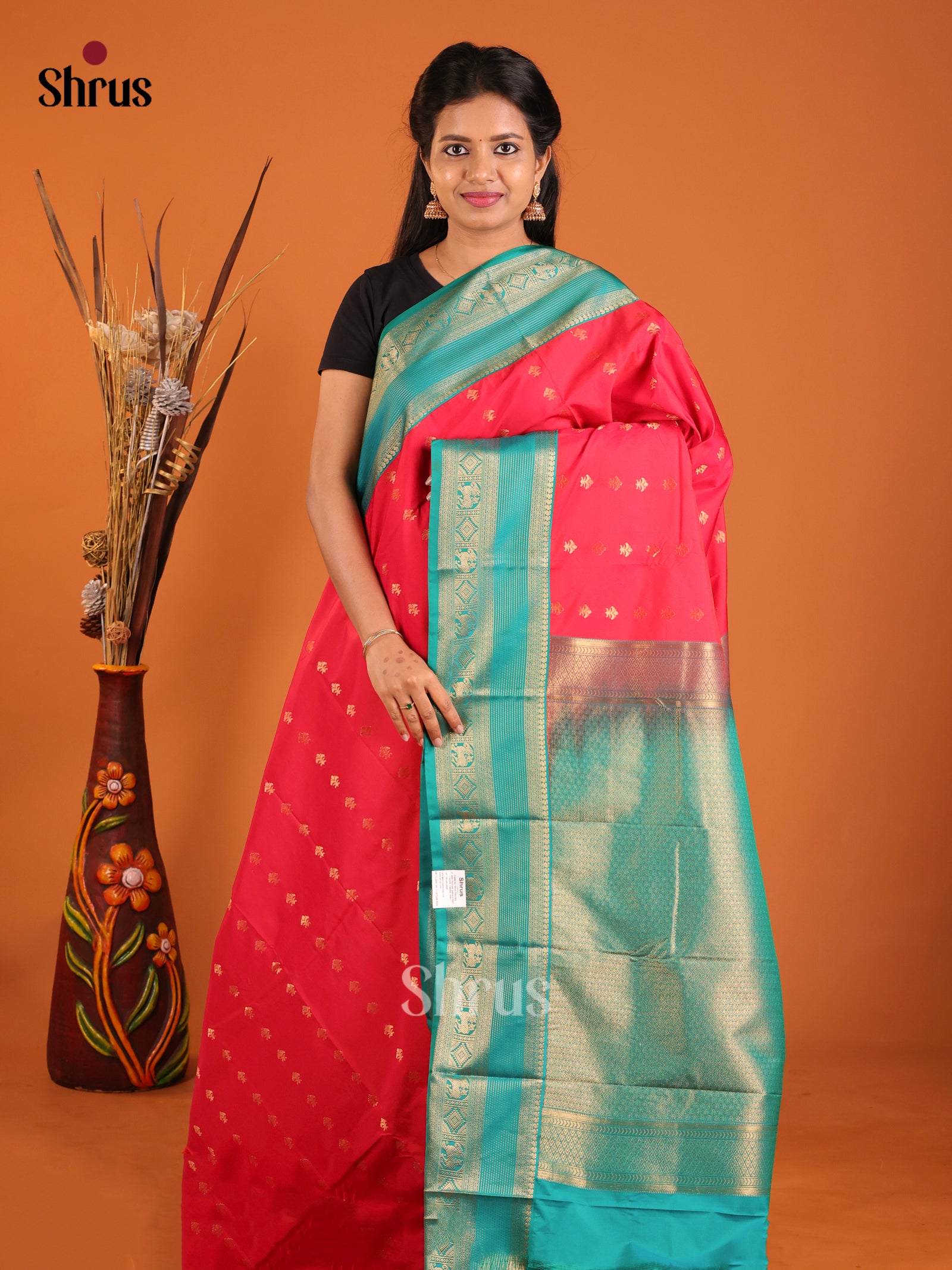 Red & Green- Semi Kanchipuram Saree - Shop on Shrus.com