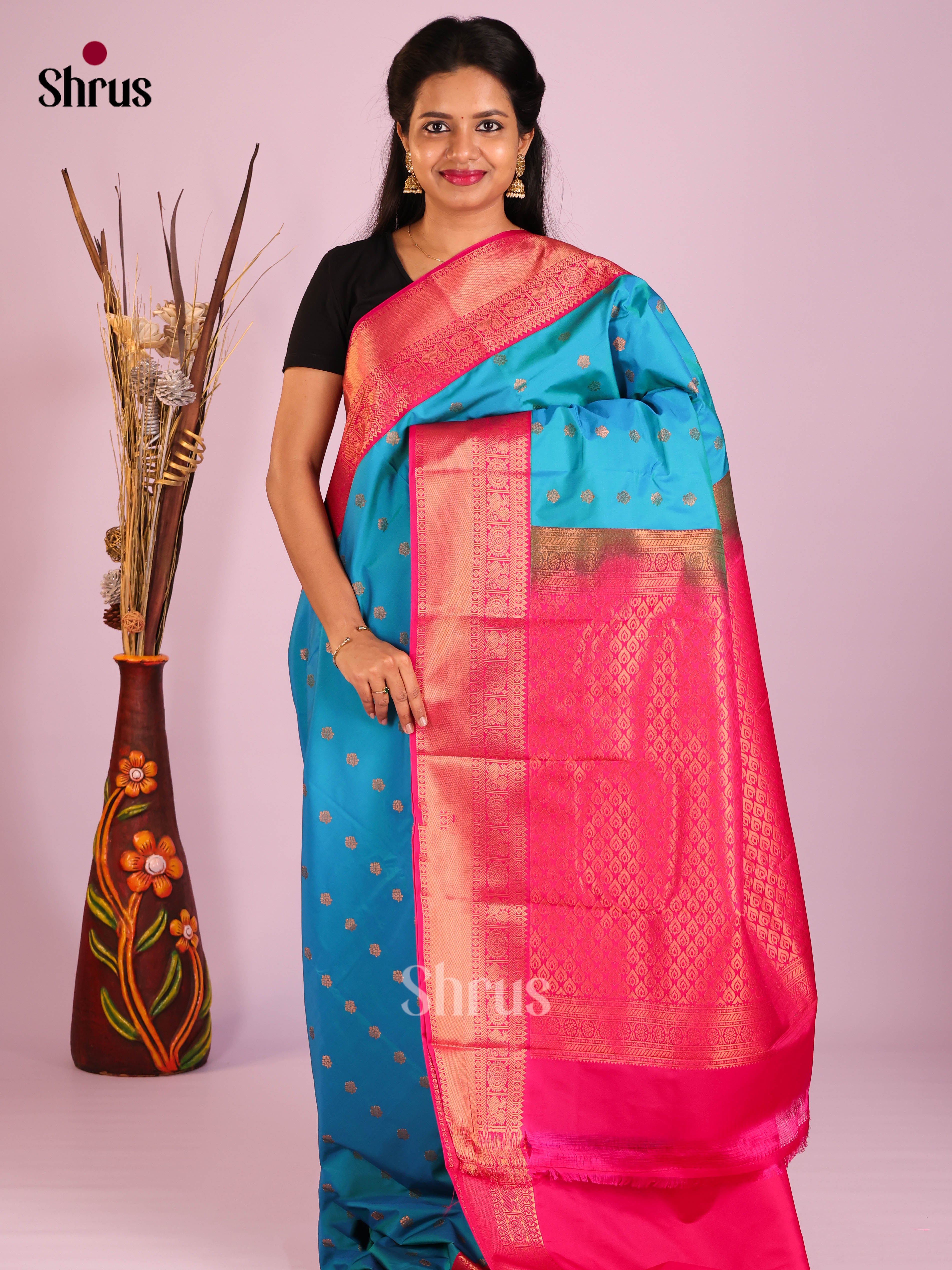 Blue & Pink - Semi Kanchipuram Saree