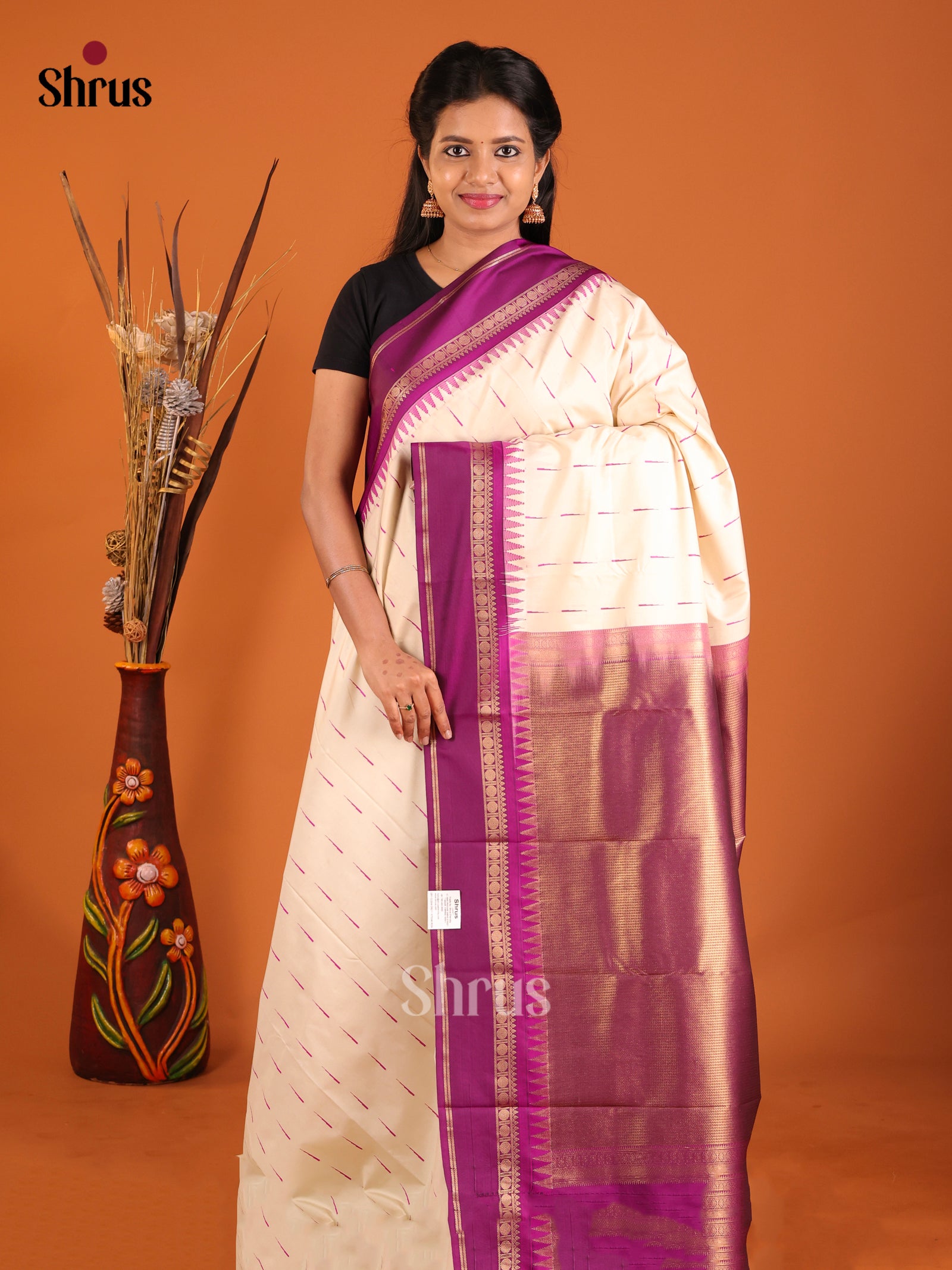 Cream & Purple - Semi Kanchipuram Saree - Shop on Shrus.com