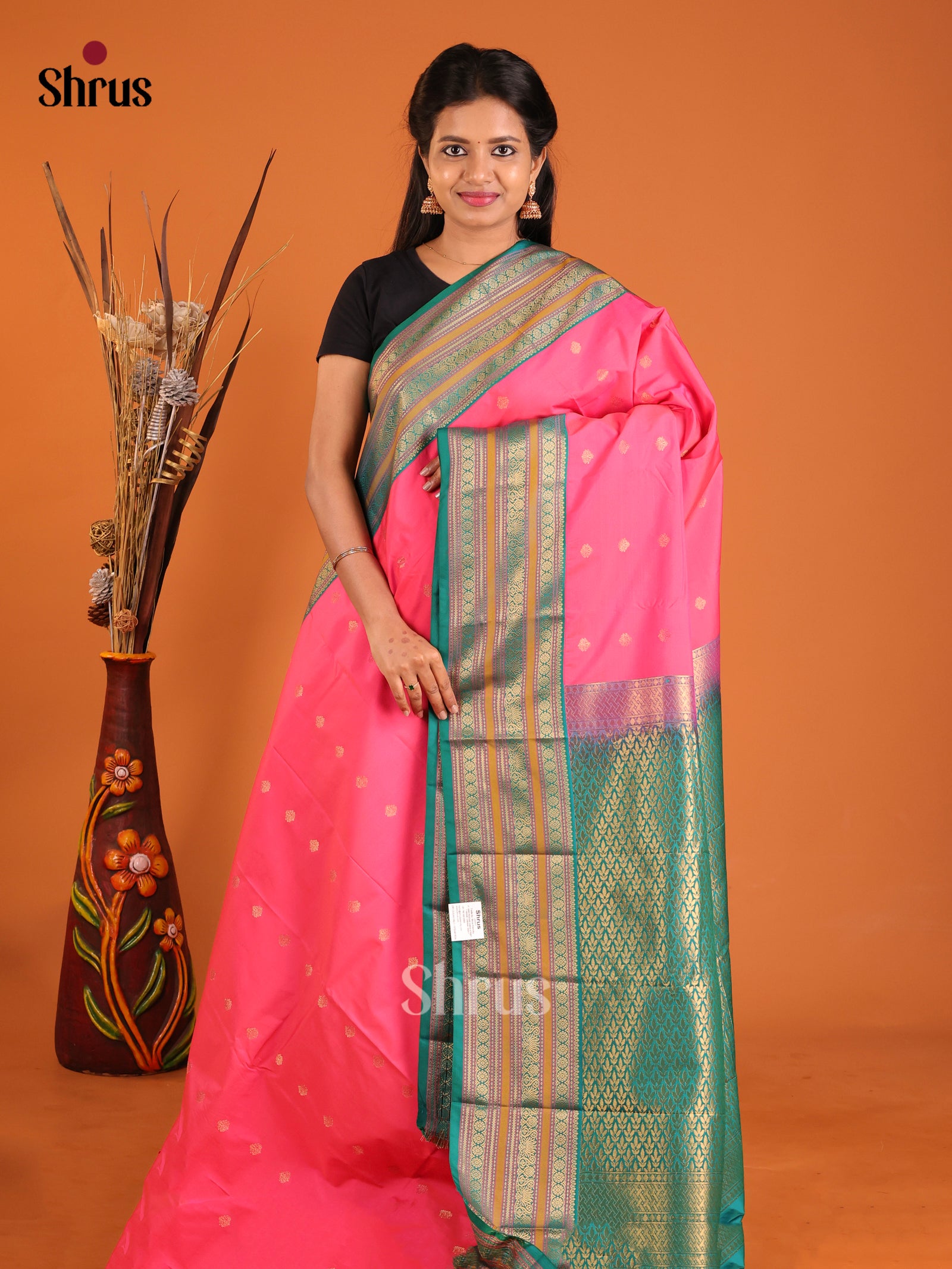 Pink & Green - Semi Kanchipuram Saree - Shop on Shrus.com