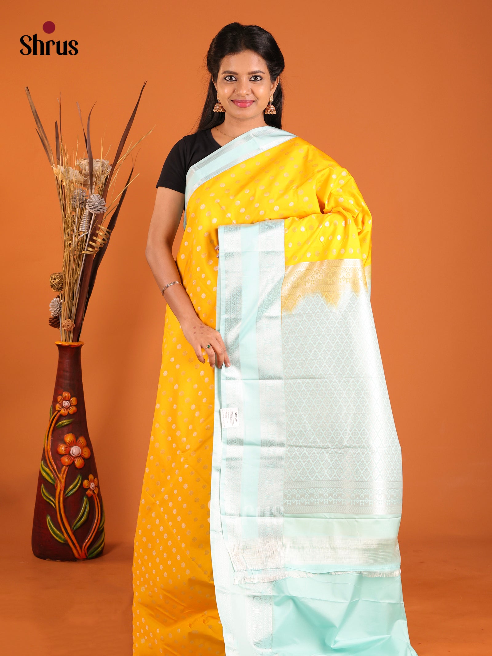 Yellow & Ice Blue - Semi Kanchipuram Saree