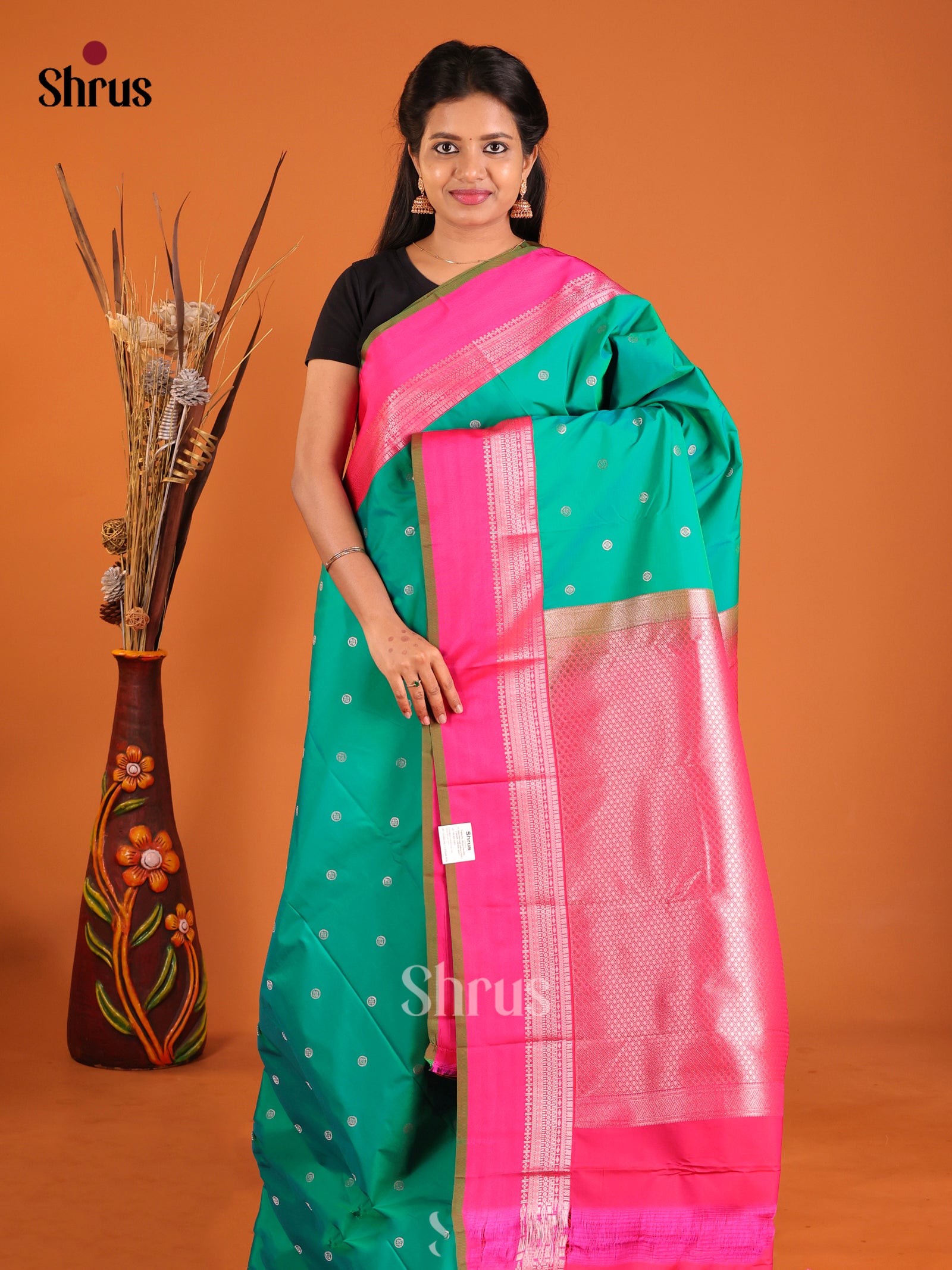 Green & Pink - Semi Kanchipuram Saree - Shop on Shrus.com