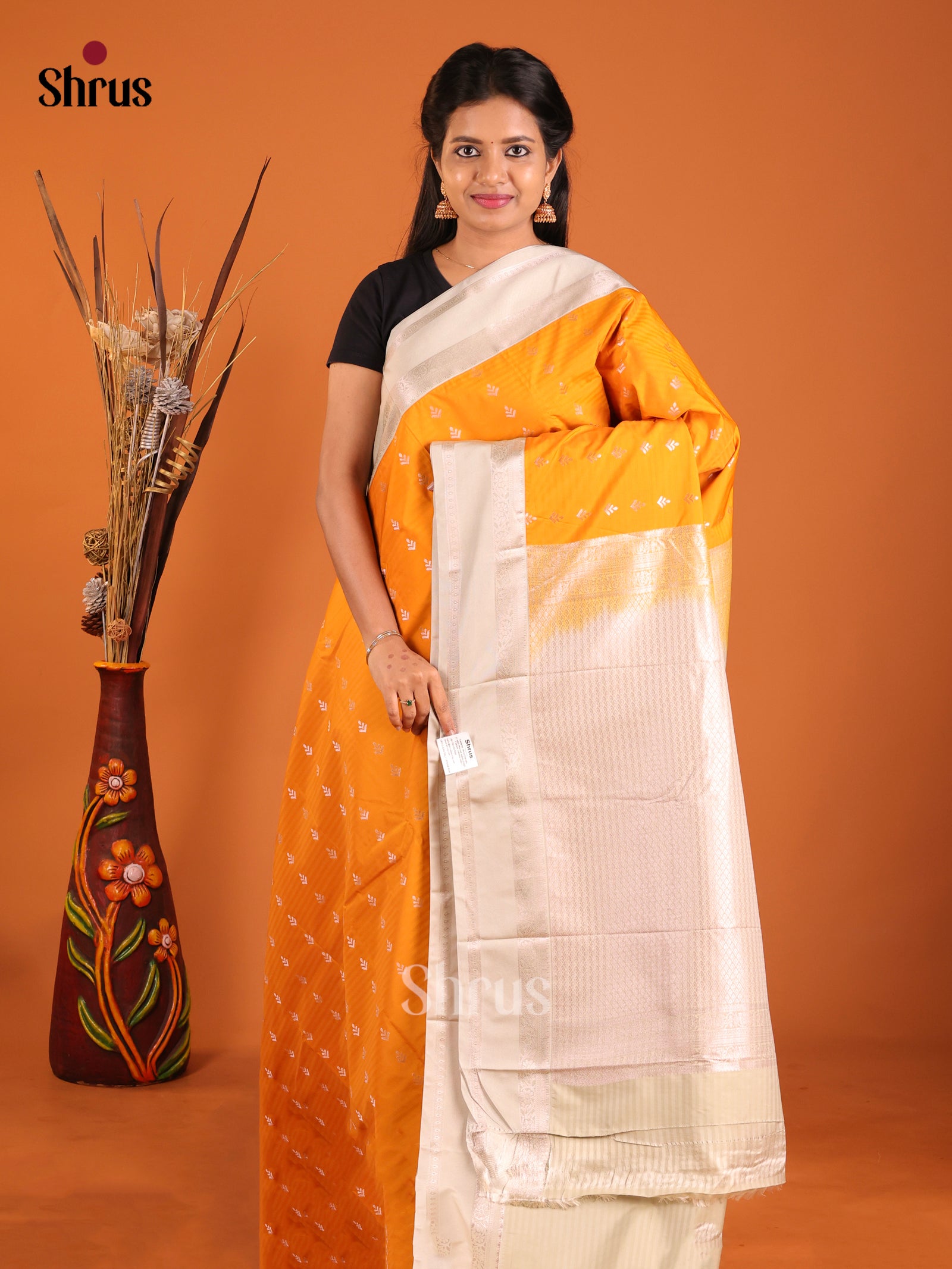 Mambazha Yellow & Cream - Semi Kanchipuram Saree - Shop on Shrus.com